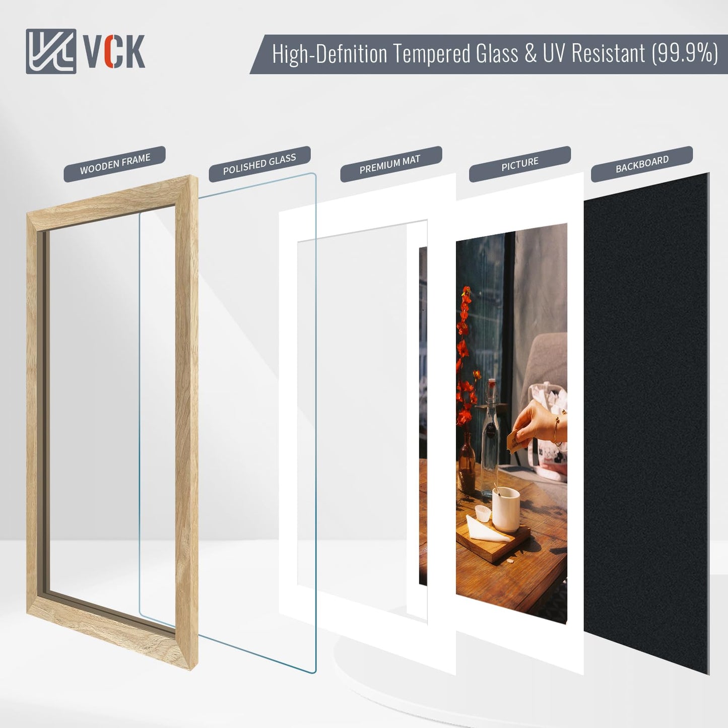 VCK 12x16 Picture Frame 5 Pack - Natural Wood Grain, High-End Wood Poster Frames with Tempered Glass, Display 8.5x11 Photo with Mat or 12x16 without Mat, Art Gallery-Quality, Wall Hanging, Natural