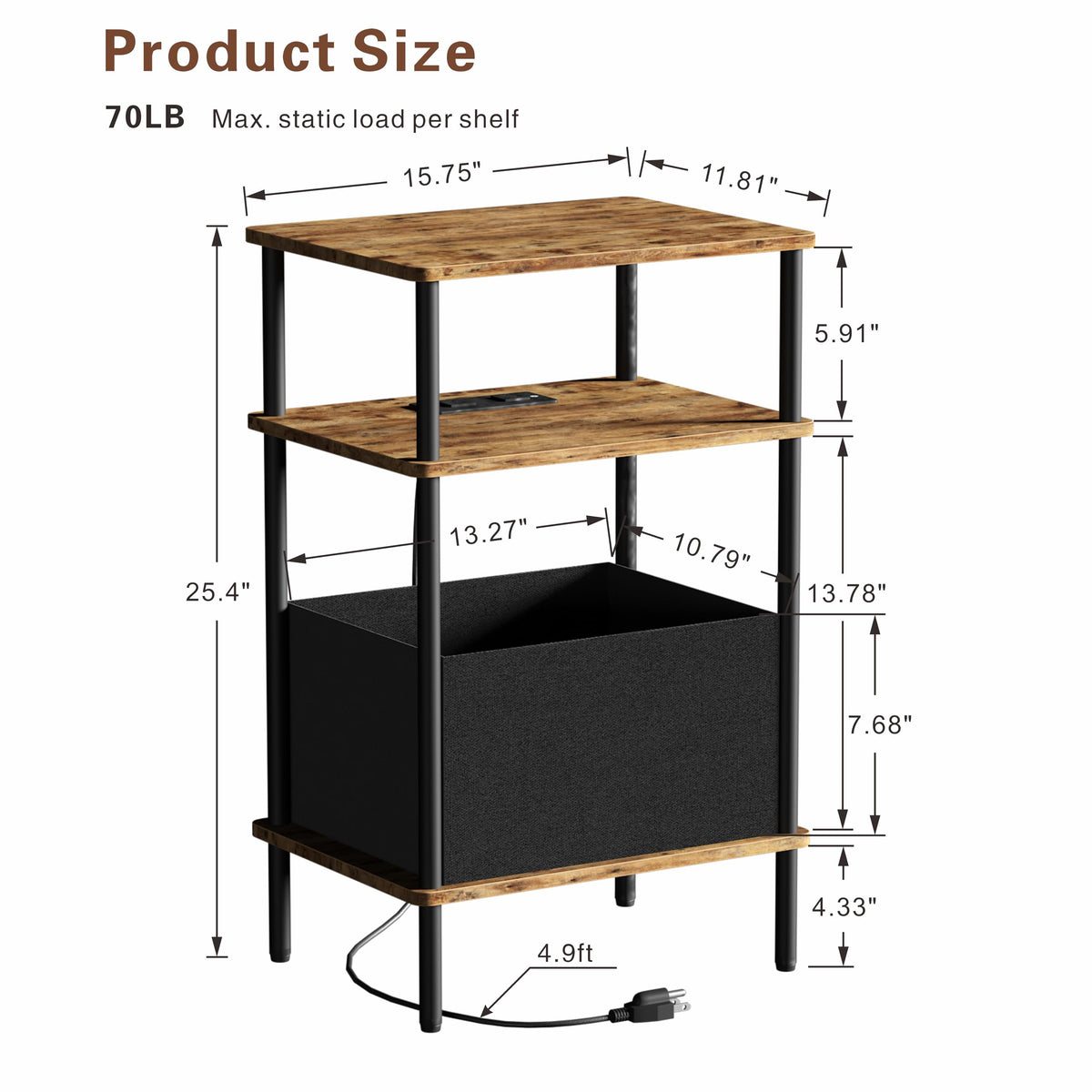 Newmics Small Side Table with Charging Station, End Table for Small Spaces, Slim Nightstand with Outlet,Sofa Beside Table, 3-Tier Storage Shelf,Living Room, Bed Room, Rustic Brown