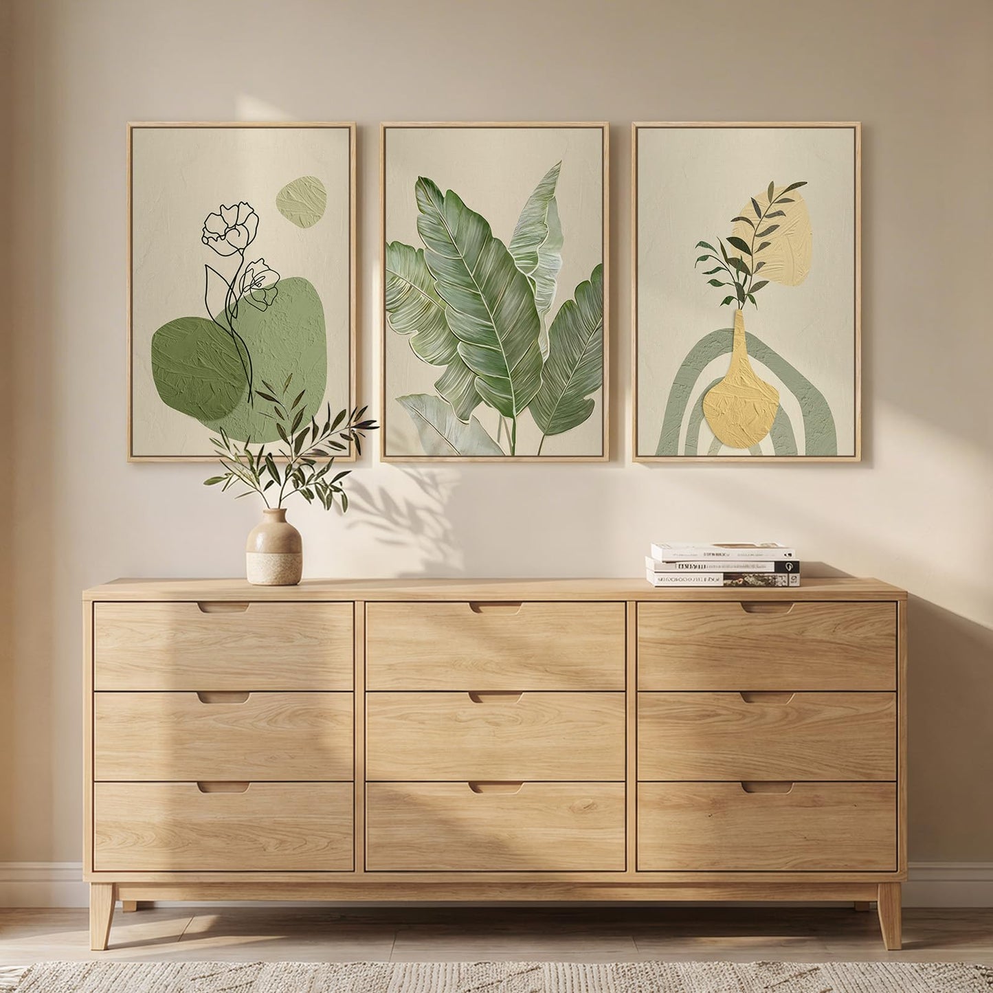 Framed Botanical Modern Wall Art for Living Room, 3 Piece Canvas Prints Boho Floral Green Picturs Wall Decor, Minimalist Neutral Sage Green Plant Wall Art for Bedroom Dining Room Office 16x24