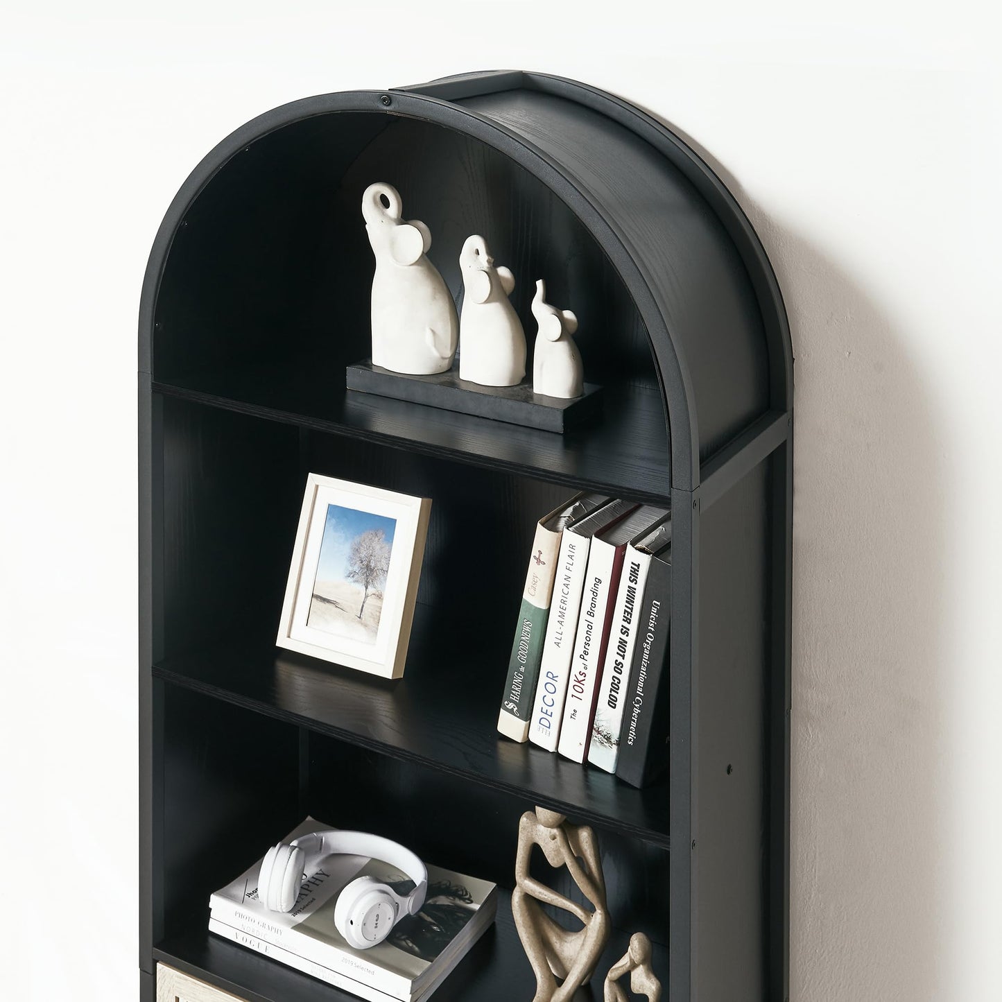 VIPLUMI Arched Bookcase Book Shelf with Doors, 5 Tier Display Bookshelf Tall Cabinet with Storage, Industrial Floor Standing Bookshelves Open bookcases for Home Office, Living Room(Oak&Black)