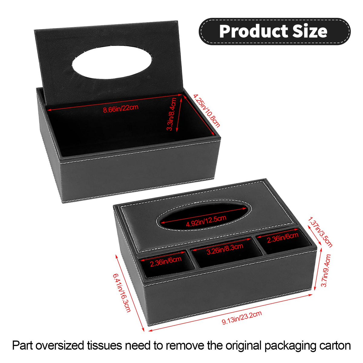 PU Leather Tissue Box Cover, Multifunctional Kleenex Box Covers Rectangular, Desktop Napkin Remote Control Holder, 3 Storage Grids Desk Organizer (Black)
