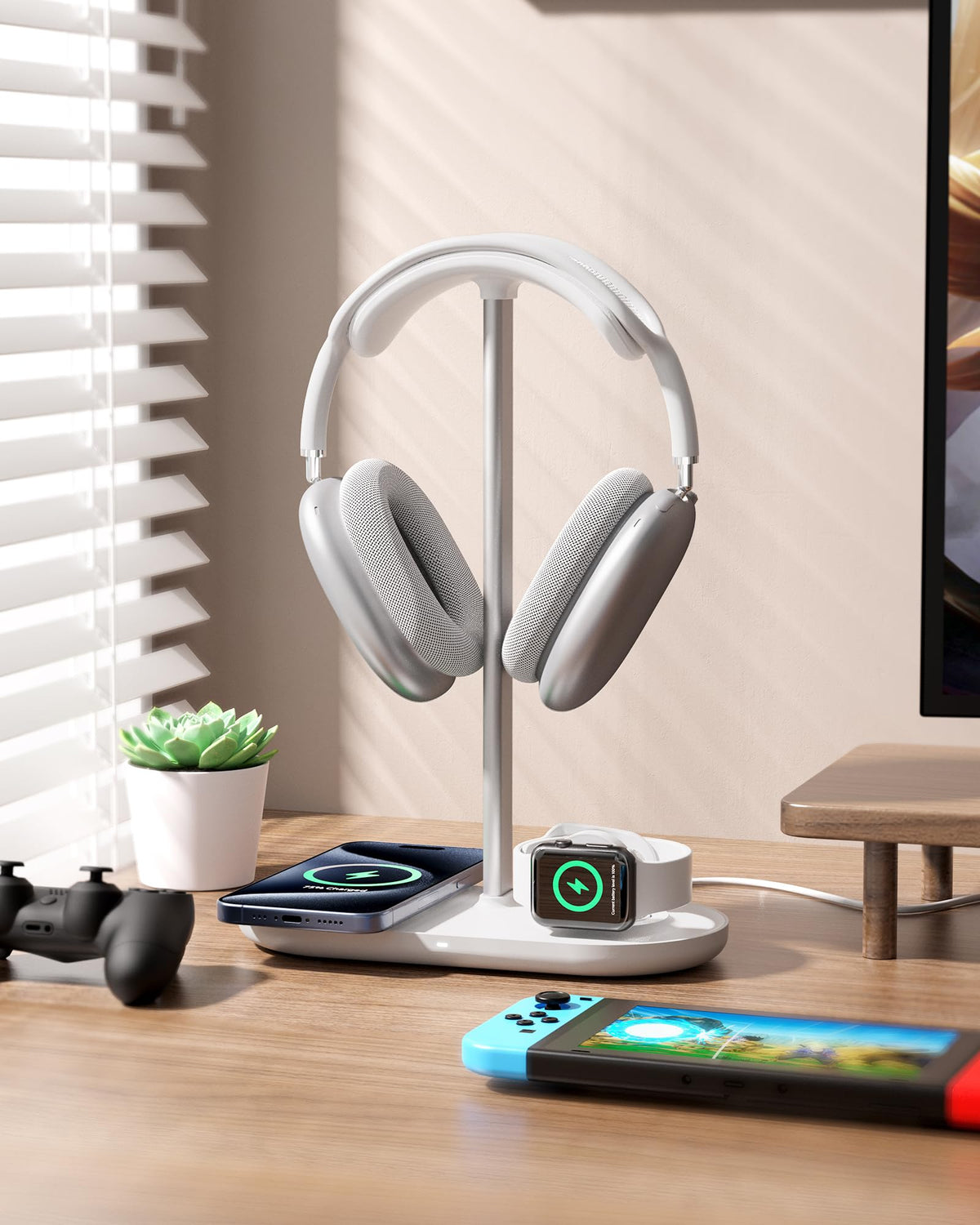 HiWe Headphone Stand, 2-in-1 Wireless Charger for iPhone/Apple Watch, Aluminum Alloy Rod, Minimalist Desk Organizer, White