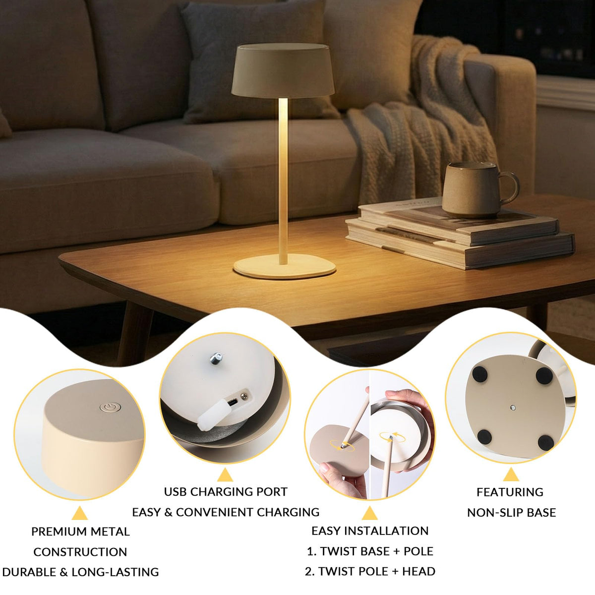 BHOTL Rechargeable Table Lamp, Cordless Touch Control Bedside Lamp – 2700K Warm LED, Stepless Dimmable, USB-C Charging, Small Modern Nightstand Desk Lamp with Non-Slip Base, Beige