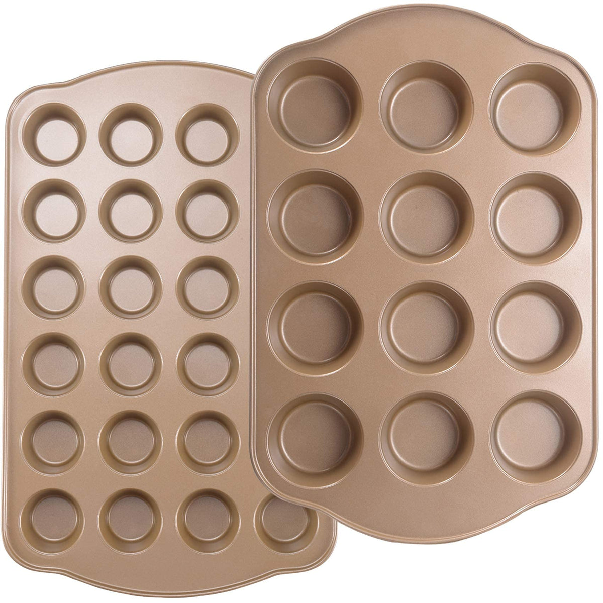 JOHO BAKING Nonstick Muffin & Cupcake Pan Set (2 Pack) - 12 Cup Regular + 24 Cup Mini Muffin Tins | Heavy Duty Gold Carbon Steel, Rust-Resistant, Easy Release