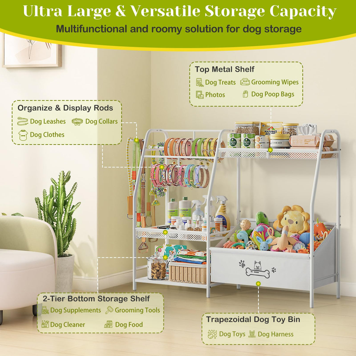 Large Dog Toy Basket with Dog Storage Organizer, Trapezoid Dogs Toy Bin Box with Collar Leash Holder Hook, Toy Holder Chest Pet Storage Cabinet for Living Room, Dogs Essentials for Pet Lovers Gift
