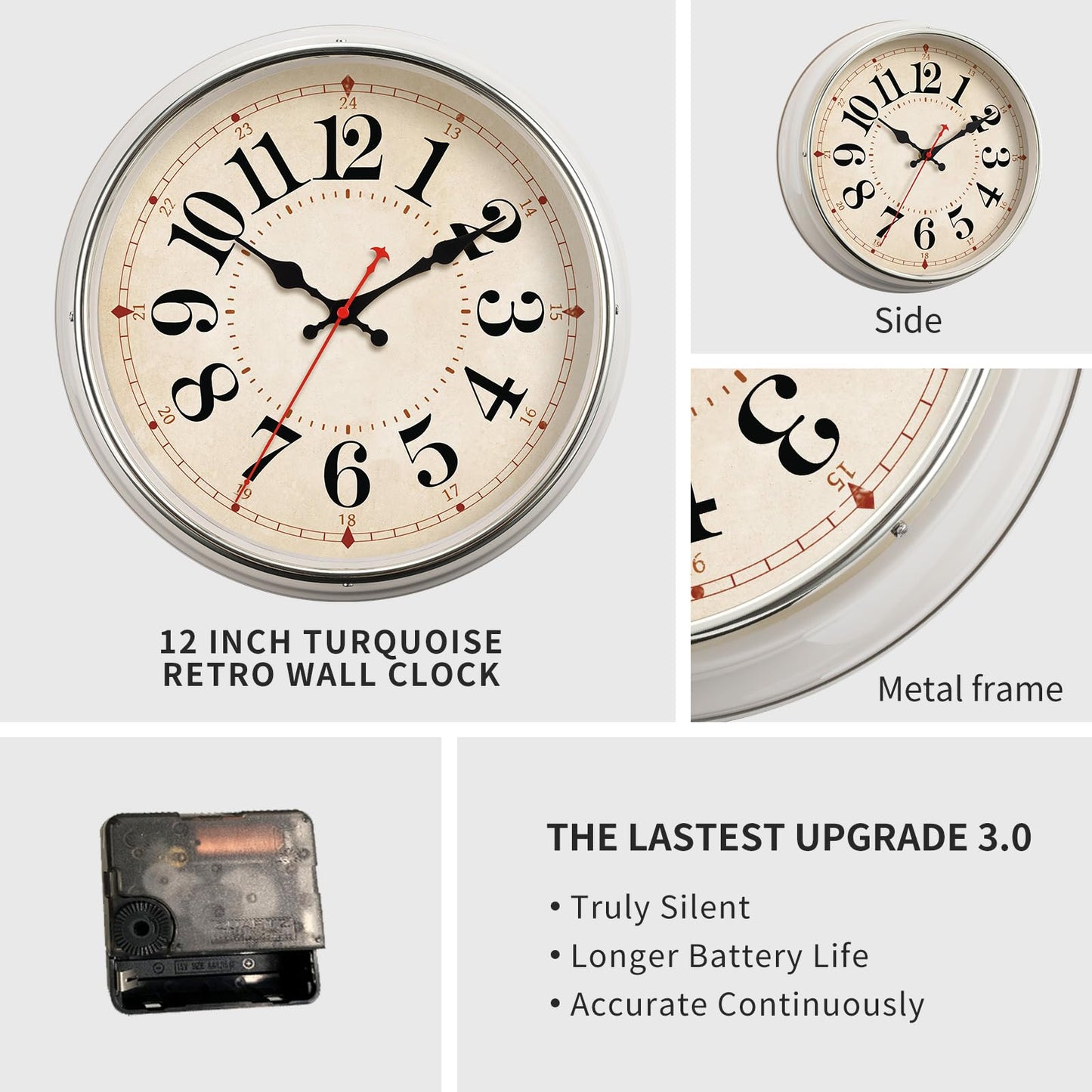 HYJOOY Wall Clock Metal 12.4" Retro Vintage Wall Clocks Countryside Style Silent Non Ticking Easy to Read for Living Room, Kitchen, Bedroom, Office, Bar(12.4" Beige)