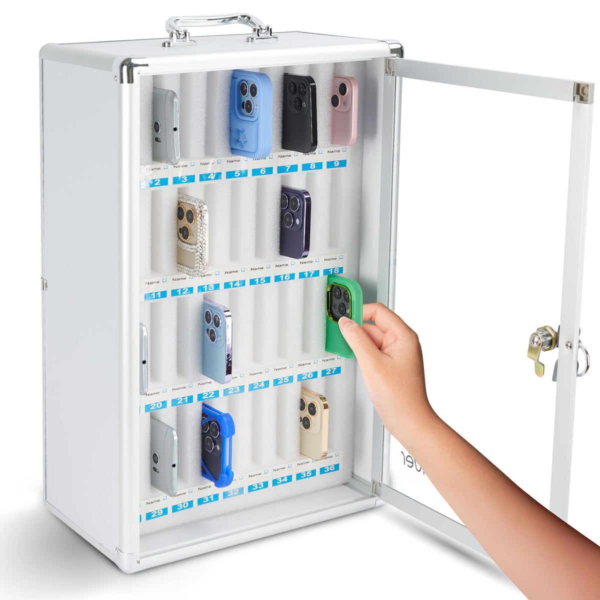 PRIMERIVER Cell Phone Locker for Classroom, Gym & Office | Secure Aluminum Storage Cabinet – 36 Slots | Portable & Wall-Mounted Organizer