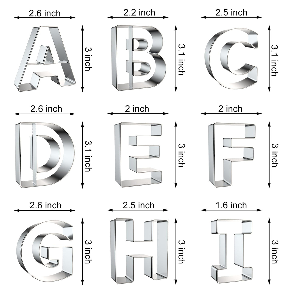 Alphabet Letter Cookie Cutters Shapes Large 3 Inch - 26 Pcs Stainless Steel Cookie Cutter Set Fondant Biscuit Fruit Dough Mold Tools for Birthday, Christmas, New Year and Holiday Party Decorations