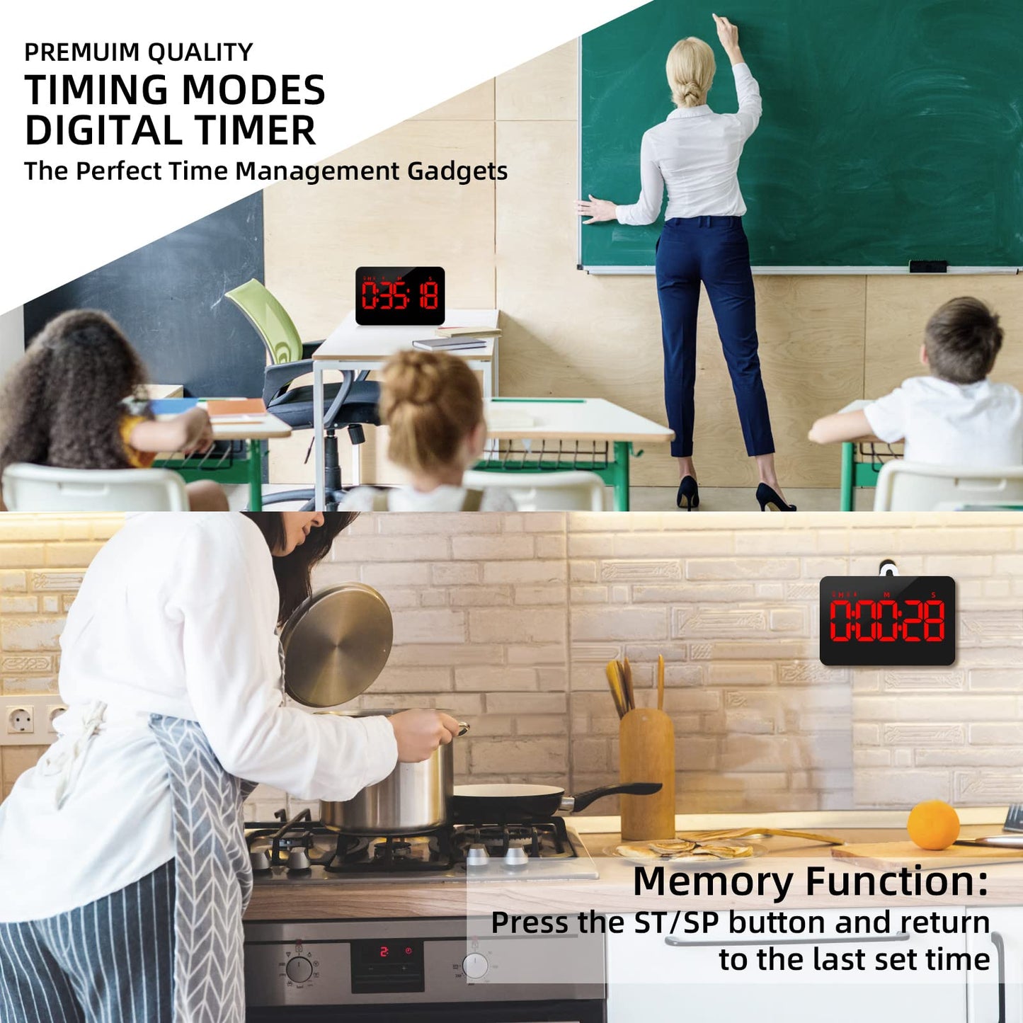PERSUPER Digital Timer Kitchen Timer Count Down Up Rechargeable Kitchen Gadgets Vibration Mode Adjustable Volume and Brightness LED Display Time Management for Cook, Desk, Kids Adults Study Teaching