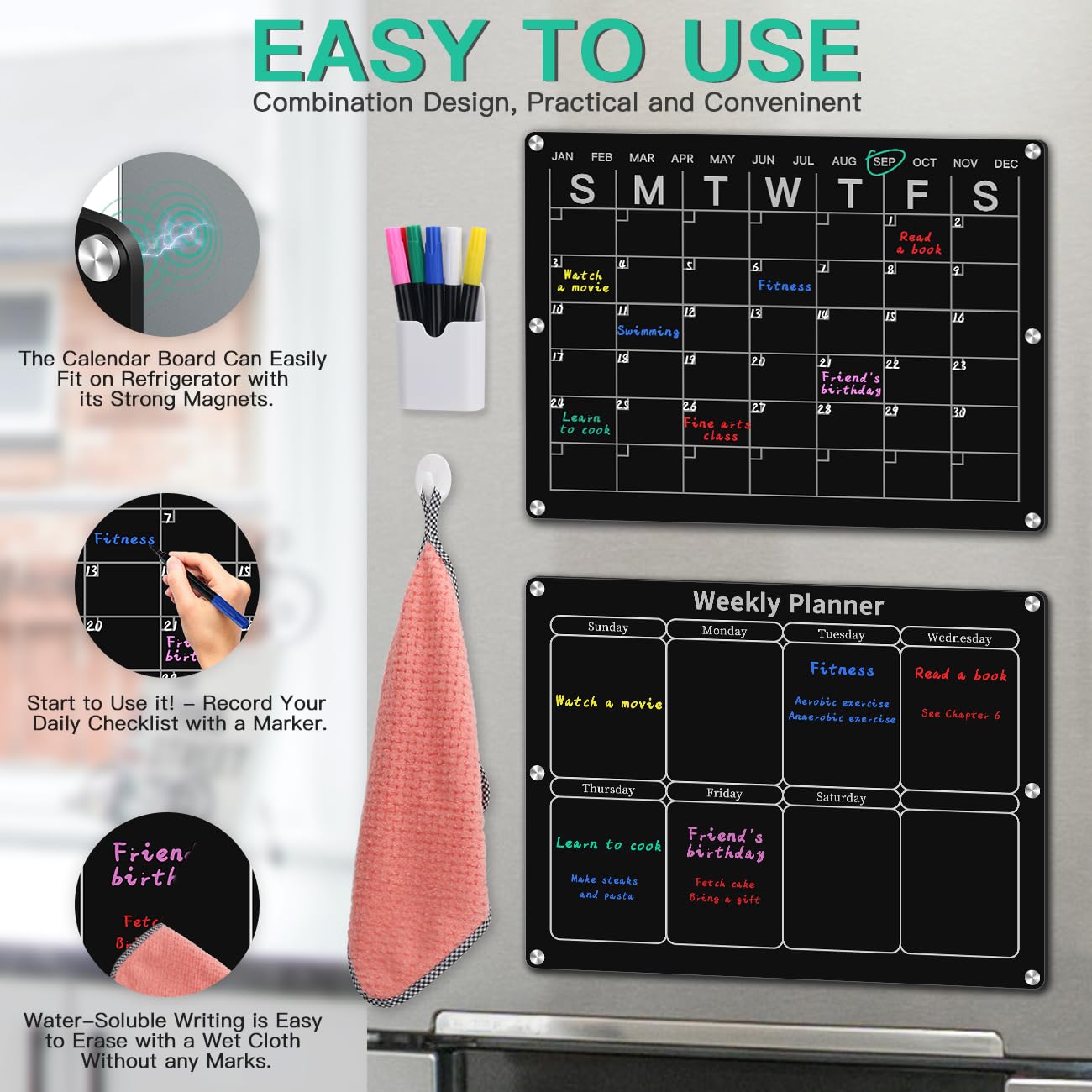 Magnetic Monthly & Weekly Fridge Calendar - Black Dry Erase Acrylic Refrigerator Planning Board Includes 6 Colorful Markers, Pen Holder, Towel, Hook