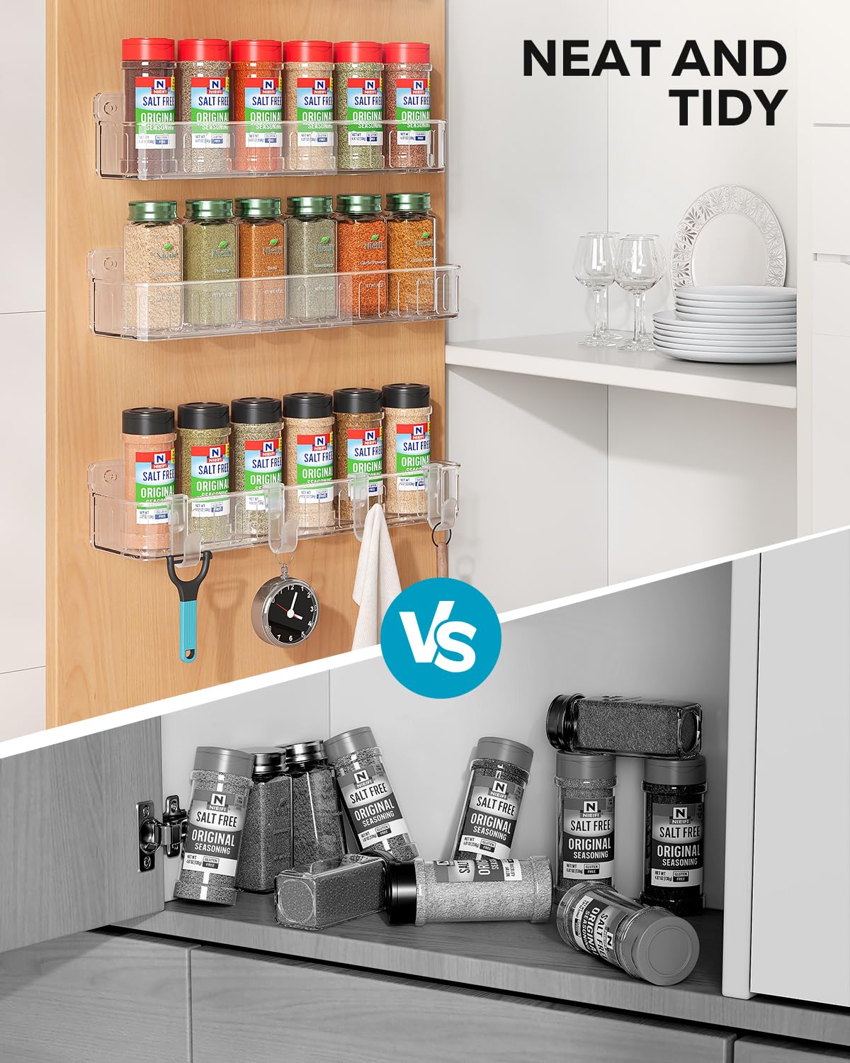 Nieifi Spice Rack Wall Mount, 4 Pack, Clear, Screw or Adhesive Installation, Spice Rack Organizer for Your Kitchen Cabinet or Pantry Door