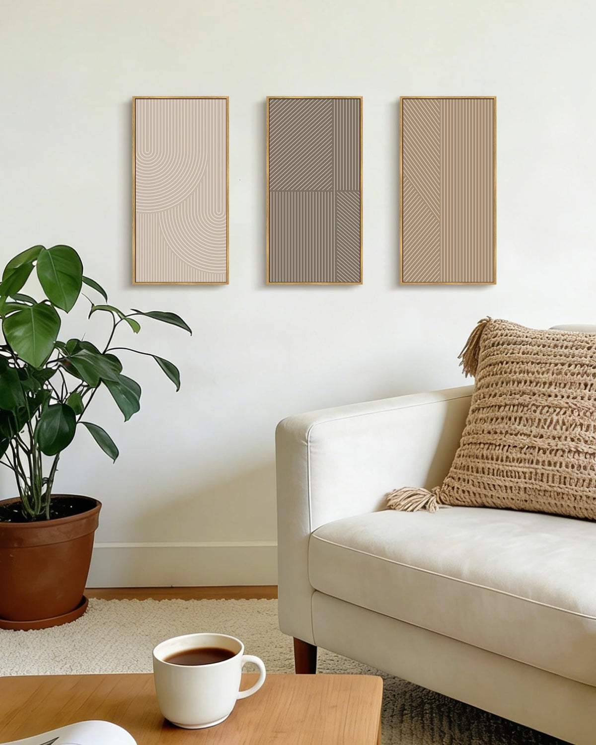 KUVIOKE Boho Minimalist Abstract Framed Wall Art Modern Line Wall Decor Geometric Artwork Kitchen Dining Room 8x16in3pcs Natural Framed