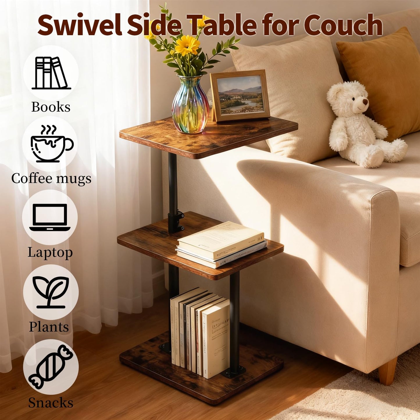 LAIDUOLEOE Swivel Side Table for Couch, 3 Tier Small End Table Adjustable Height with Rotatable Tray, Space Saving Nightstand with Storage Shelf for Living Room, Bedroom, Small Spaces