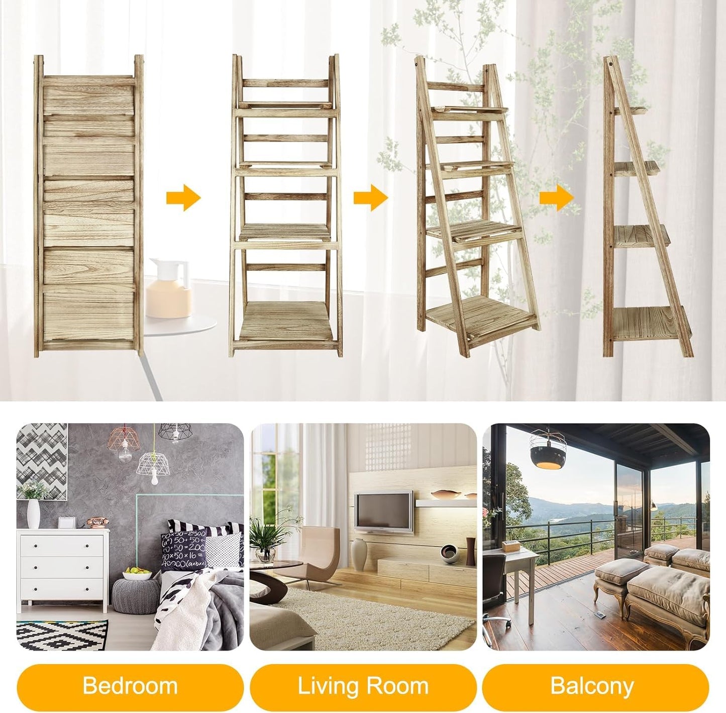 Wooden Ladder Shelf 4 Tier Bookshelf Foldable Storage Rack for Home, Bedroom, or Office (Natural Color)