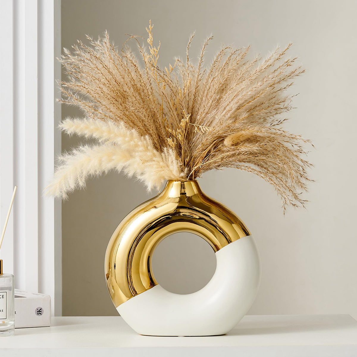 FJS Ceramic Donut Vase, 8" L x 8" H White and Gold Round Vase for Pampas Grass, Nordic Modern Vases for Decor, Ceramic Vase Centerpieces for Wedding, Bedroom, Living Room, Coffee Table, Office