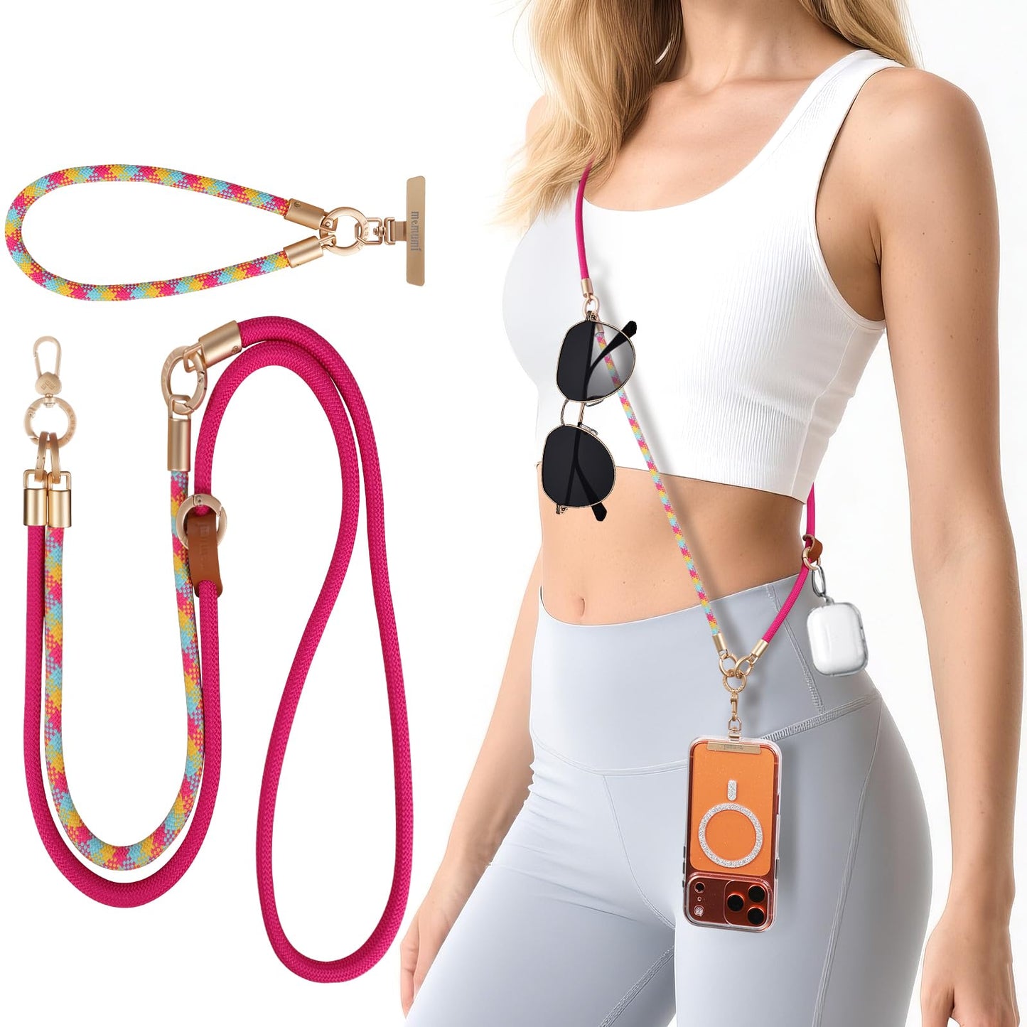 memumi 3 in 1 Phone Lanyard Crossbody, Universal Adjustable Anti Theft Phone Strap and Wrist Strap for All Phones, Premium Woven Material, Neck Lanyard for Shopping Cycling Traveling Rose