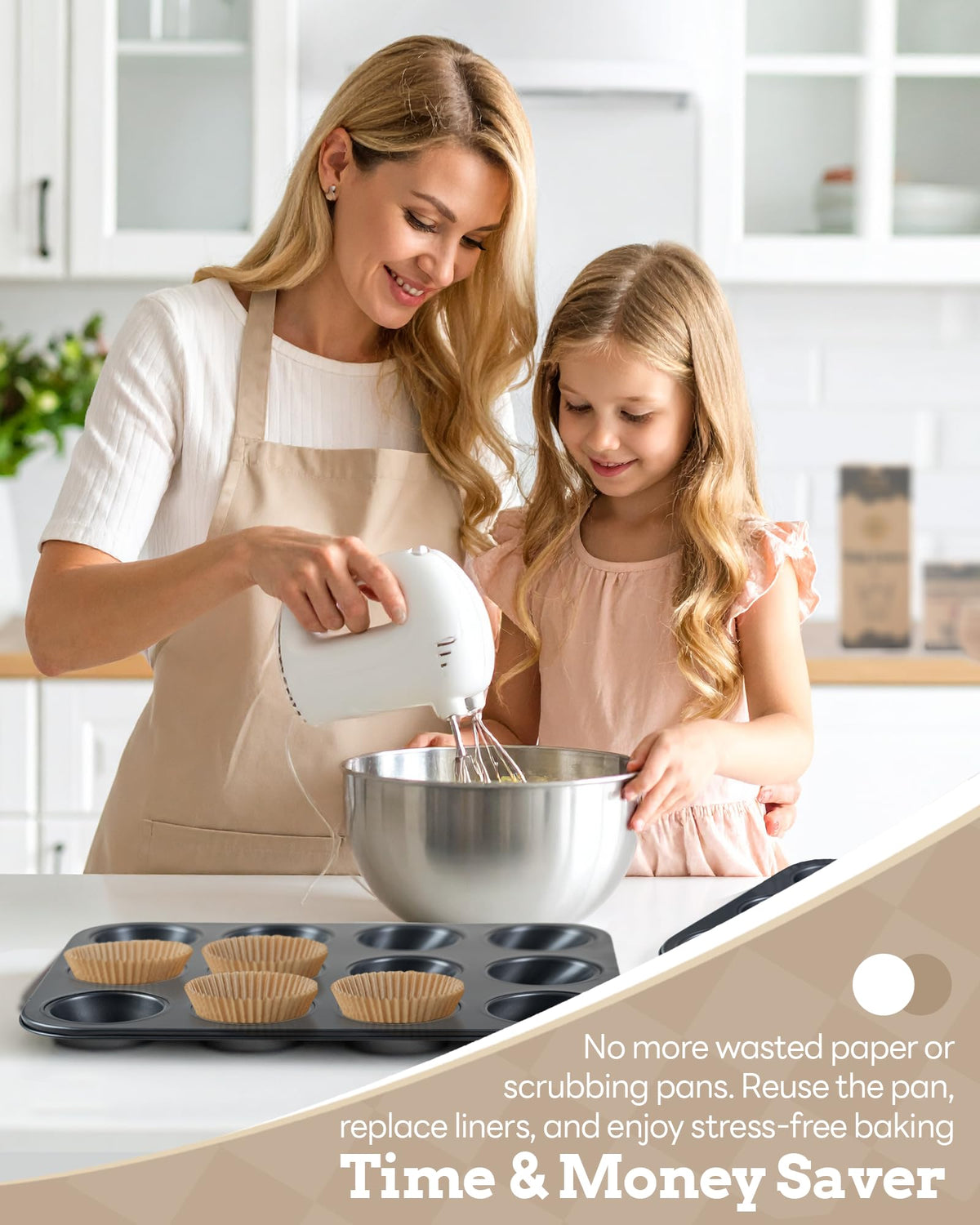 Bake Choice 2 Pack Muffin Pan for Baking, Standard Cupcake Pan includes 100 Natural Cupcake Liners, Muffin Tin Nonstick 12 Cup, Baking Pans Set, Carbon Steel Baking Supplies