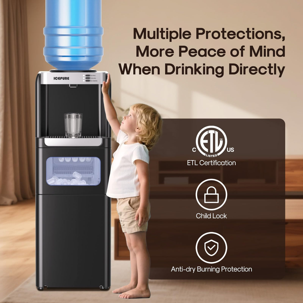 ICEPURE 3-in-1 Water Dispenser with Built-in Ice Maker, Water Cooler Dispenser for 5 Gallon Bottle Top Loading, Hot and Cold Water Dispenser with Child Lock for Home and Office, 33lbs/24H