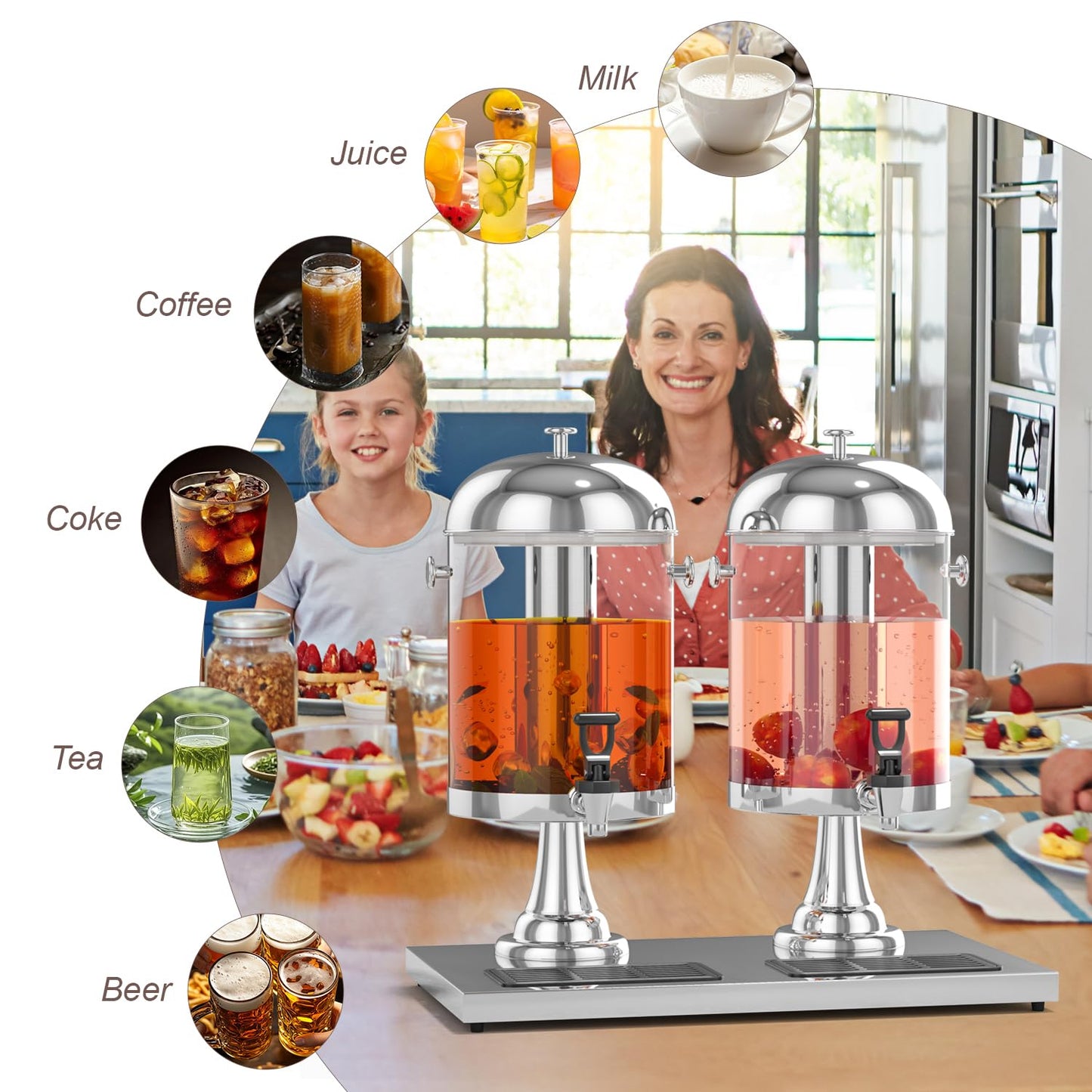 GOOFCXO Beverage Dispensers, 4.4 Gallon/16-L Commercial Beverage Dispenser Cold Drink Dispenser Stainless Steel Drink Dispensers with Centre Ice Core and Stand Drip Trays for Parties Pub Cafeteria
