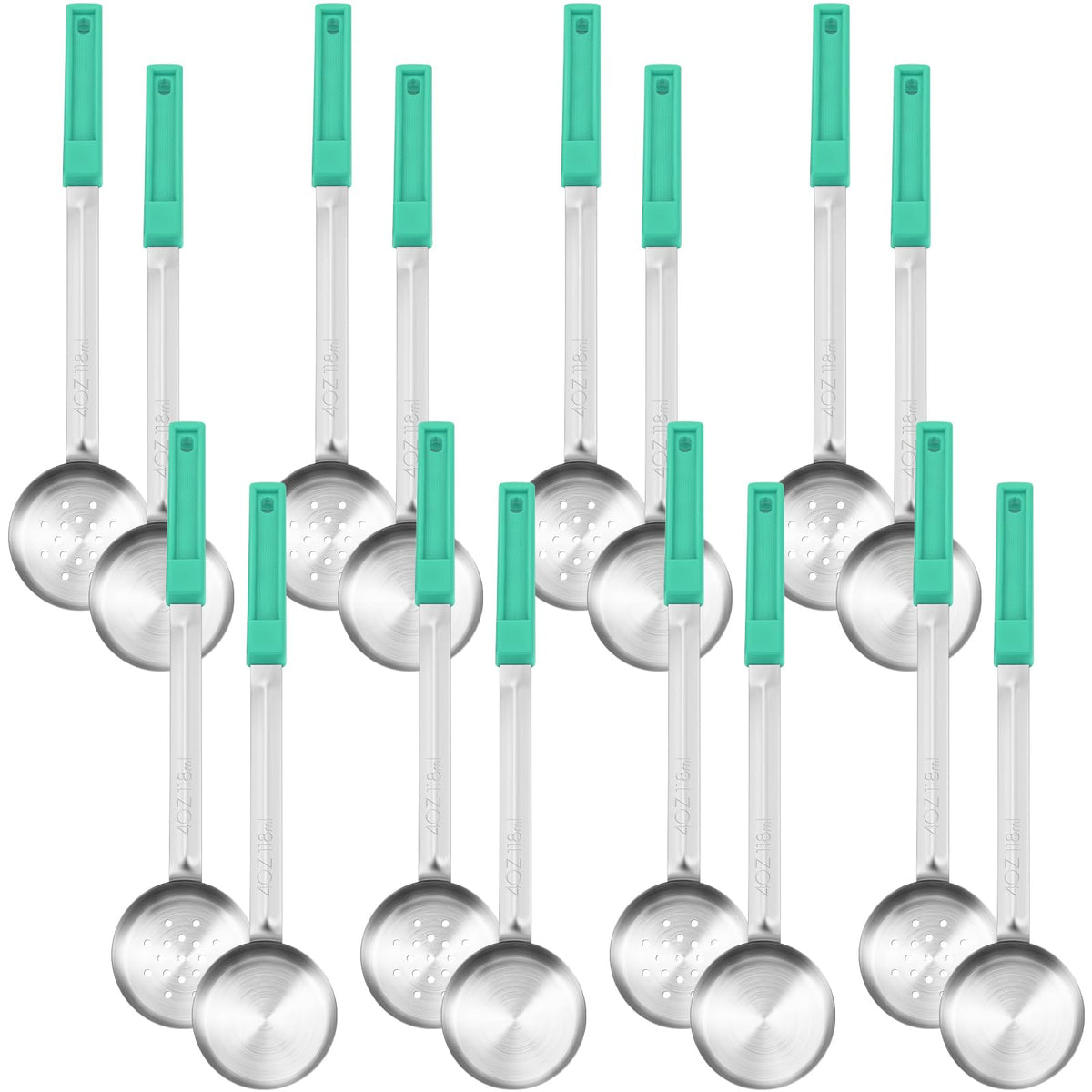 Teenyyou 16 Pcs Portion Control Serving Spoons, Restaurant Measuring Serving Ladle Utensils, Portion Control Slotted Scoops for Weight Loss, Solid and Perforated Scoops(Green,4 oz)