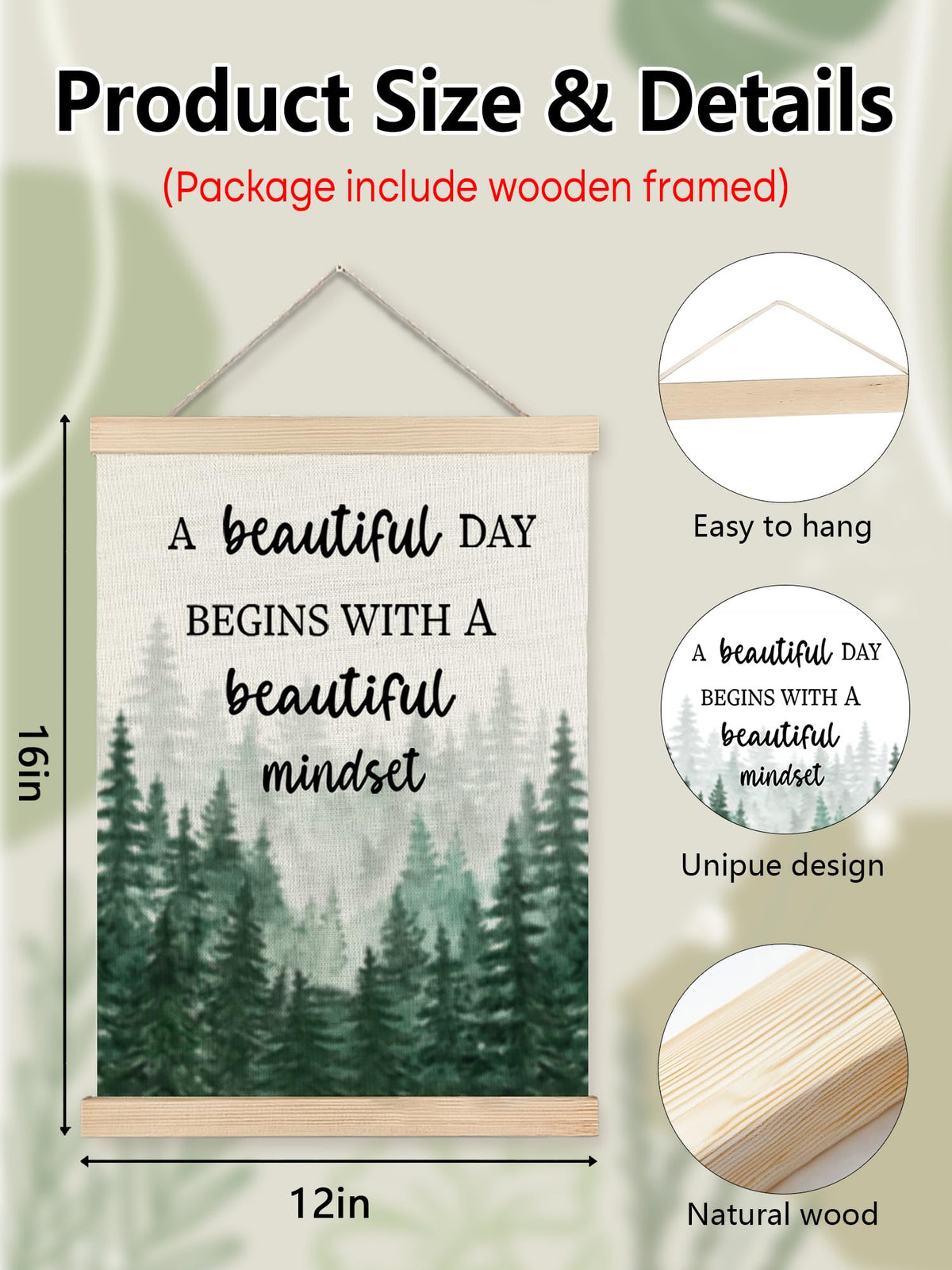 Mindset Framed Canvas Wall Art - A Beautiful Day Begins with a Beautiful Mindset Hanging Canvas Wall Decor for Bedroom Office, Nature Forest Mountain Positive Hanging Poster, Inspirational Gifts for Women