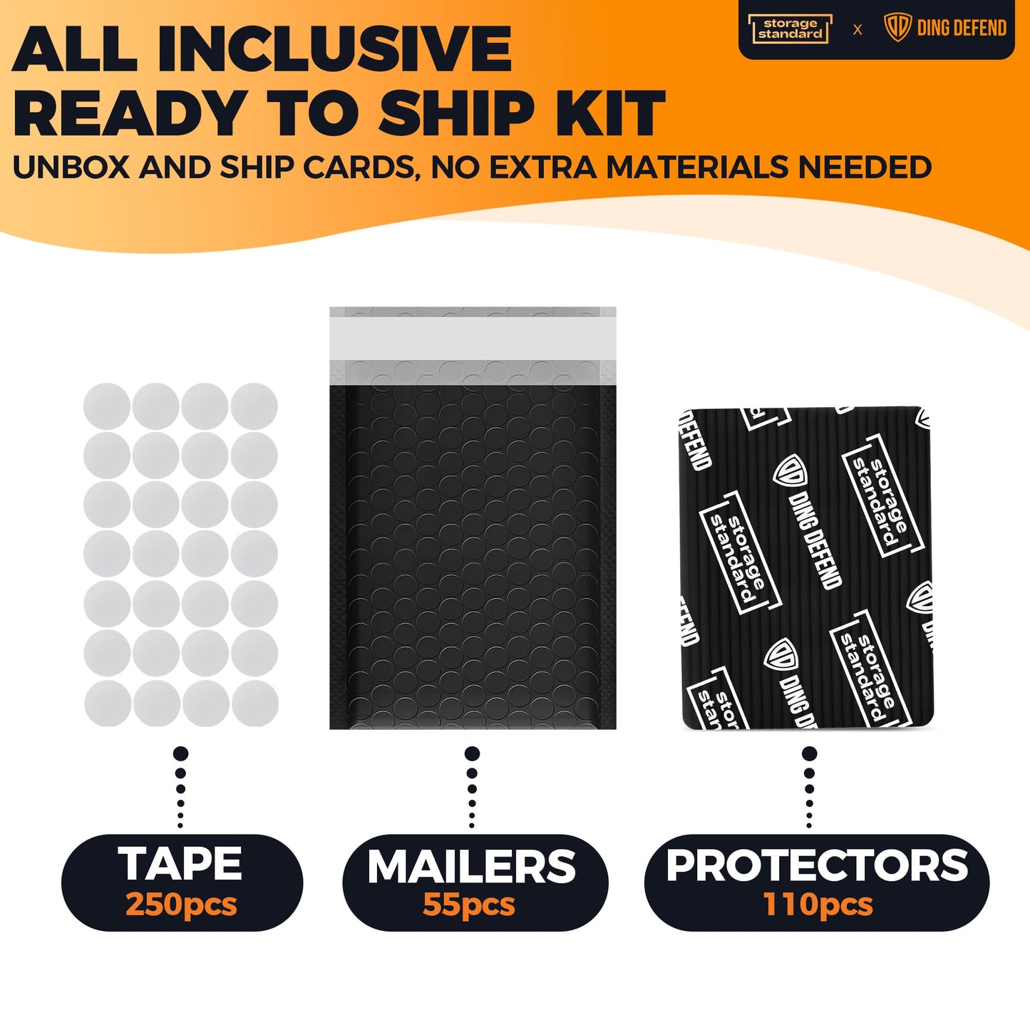 Ding Defend Card Shipping Protector Envelope Bubble Mailer Kit with 110 Card Shipping Protectors (3.5x4.5 Inches), 55 Bubbles Mailers, 250 Tape Seals for Collectible Cards - Black
