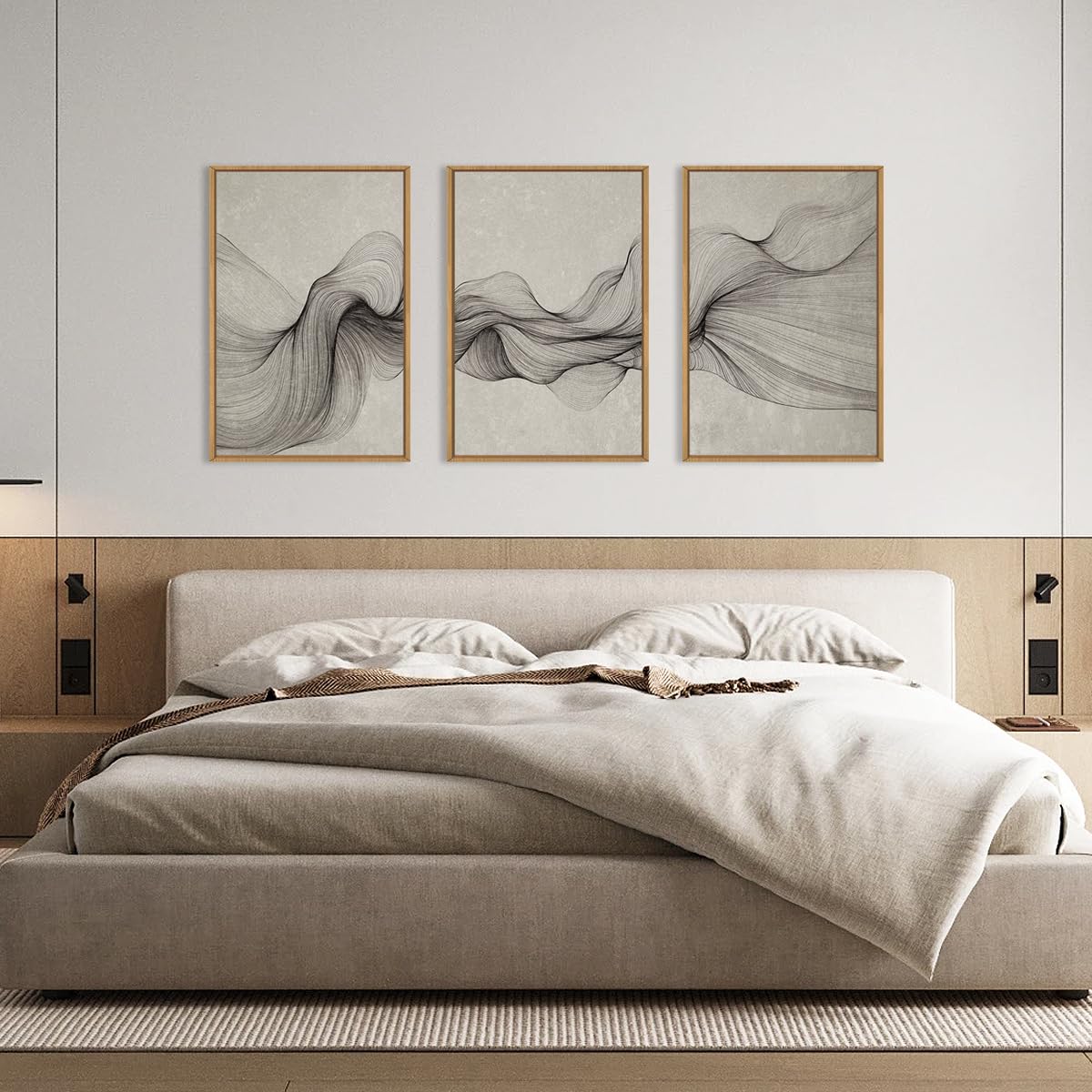 Aurlan Large Black Beige Neutral Abstract Framed Canvas Wall Art Set, Modern Black Wave Lines Wall Decor,Minimalist Smoke Ink Shapes Artwork for Living Room,Bedroom,Office-24 x36 x3