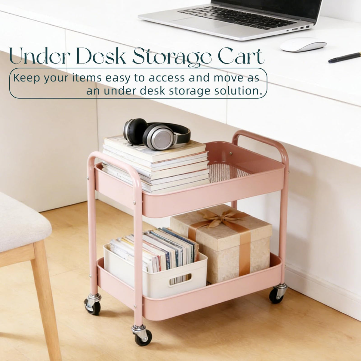 LIWNYRK 2 Tier Pink Rolling Cart with Wheels for Under Desk Storage, Large Capacity Rolling Pantry & Kitchen Storage Cart for Small Space, Sturdy Metal Bathroom Shelf Laundry Room Organization