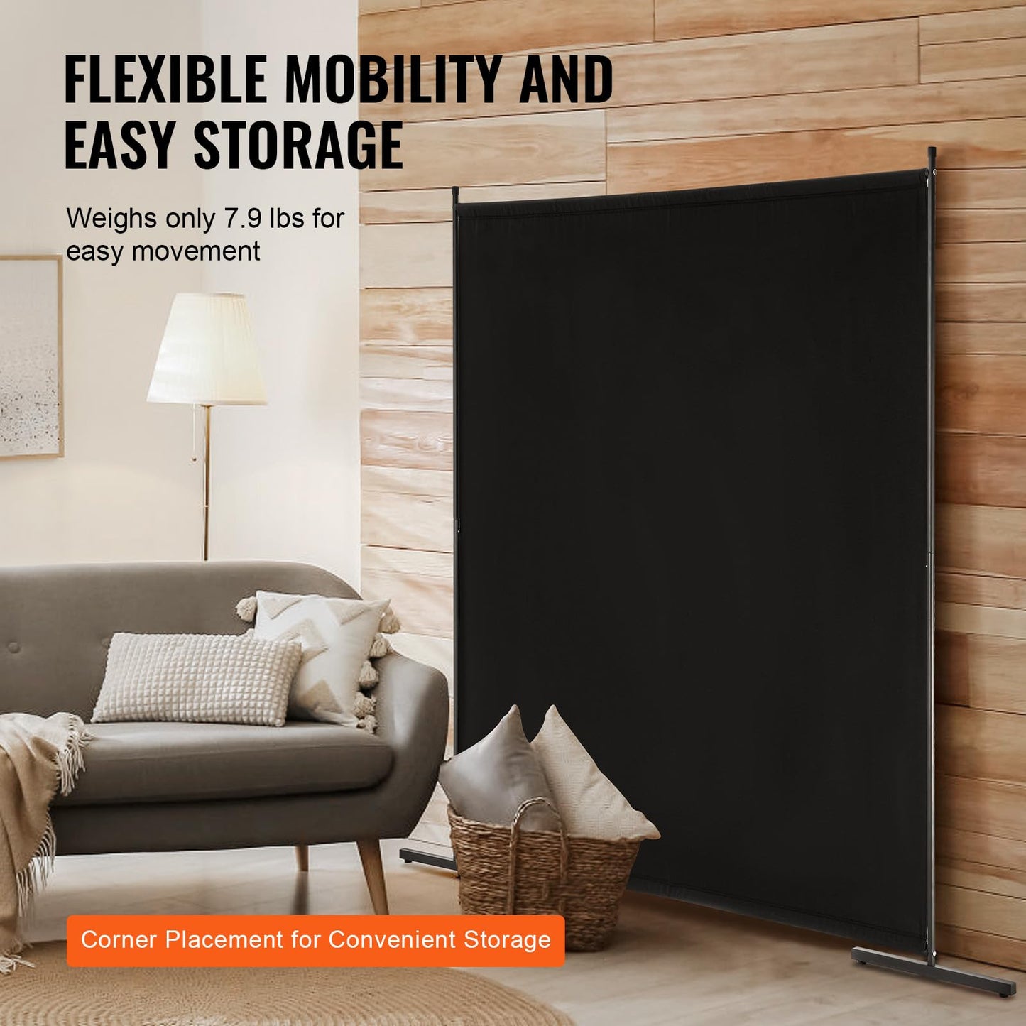 VEVOR Room Divider, Single Panel Room Divider, 6FT Privacy Screen Indoor, Partition Divider for Room Separation, Freestanding Room Divider Panel for Office, Bedroom, Black