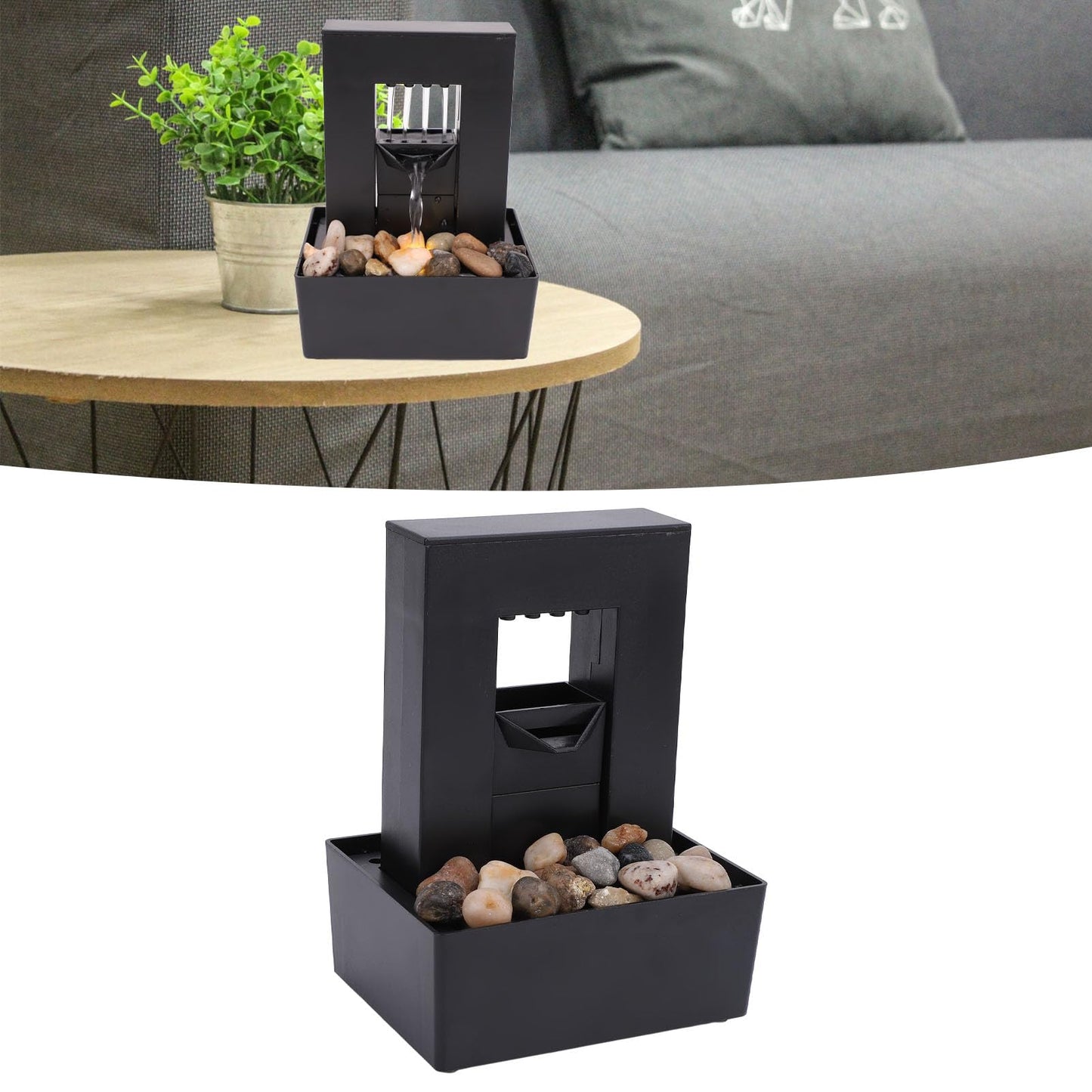 Buachois Tabletop Water Fountain,Small Plastic Indoor Fountain,USB Rechargeable Waterfall Fountain with LED Light,Gurgling Water and Polished Pebble for Feng Shui Effect
