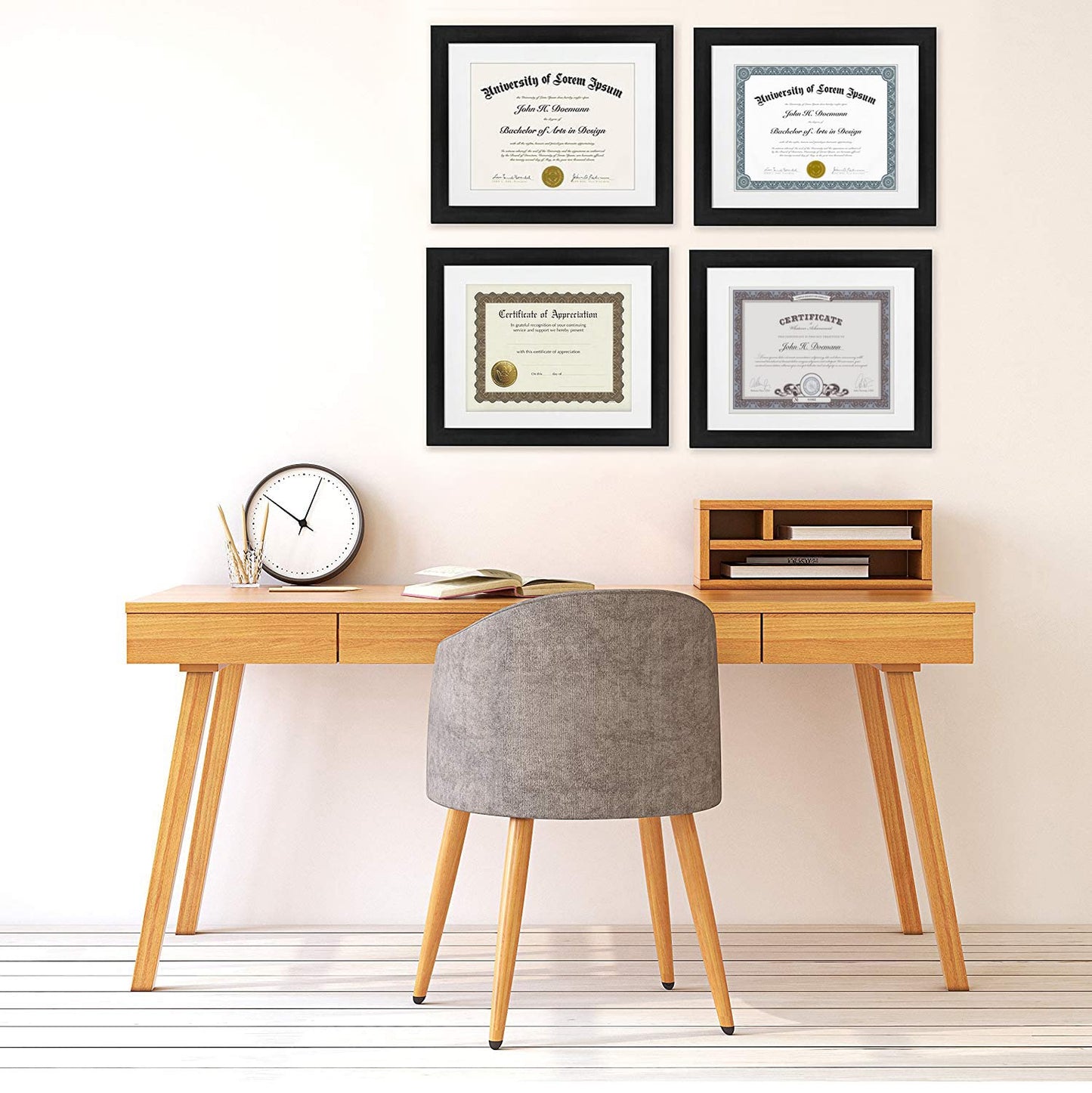 Americanflat 11x14 Diploma Frame with Shatter-Resistant Glass - Set of 4 - Use as 8.5x11 Frame with Mat or Display 11x14 Documents Without Mat - Certificate Frames with Engineered Wood - Black