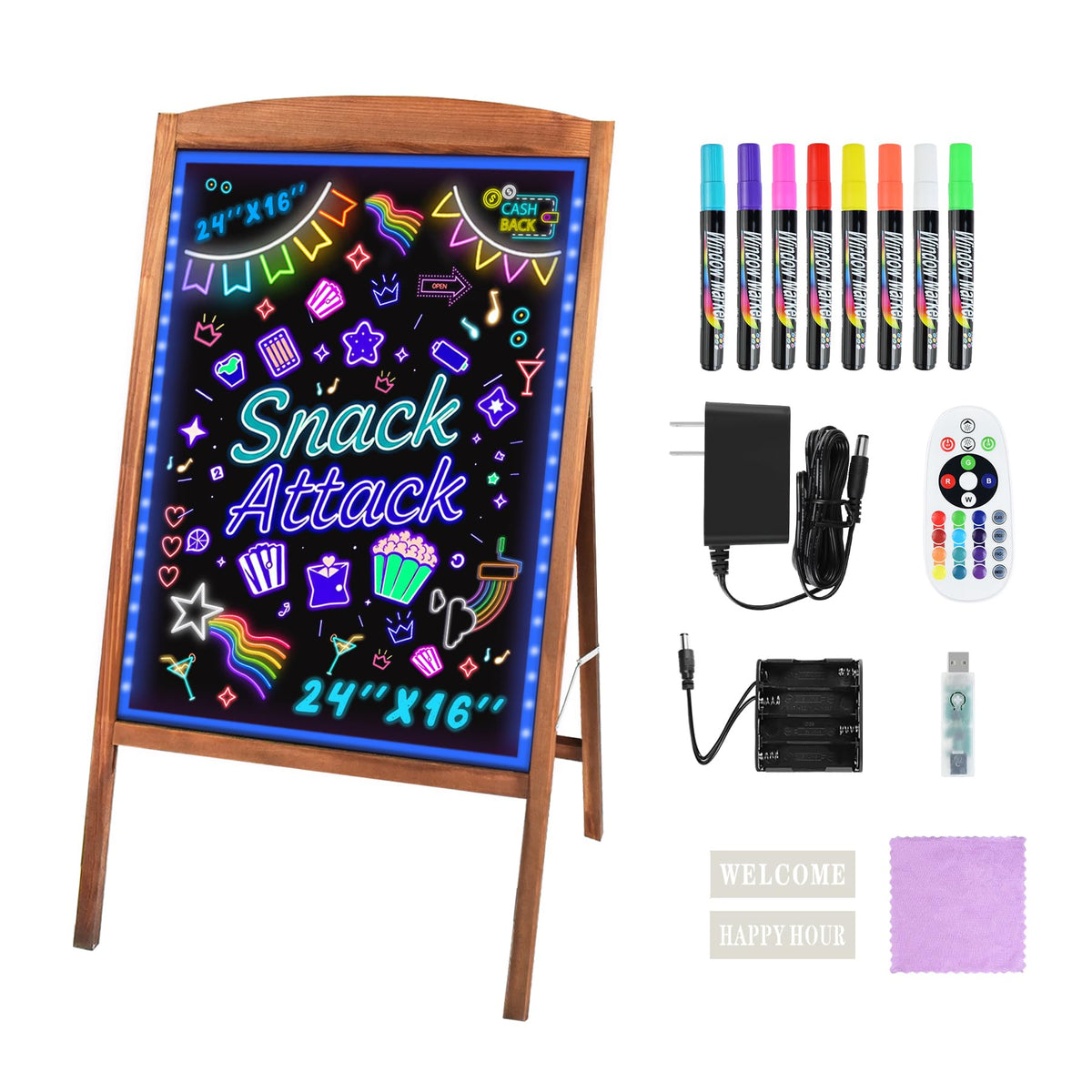 Hosim LED Message Writing Board 24"x16", Standing A-Frame Wooden LED Message Board Illuminated Erasable Neon Menu Sign, 8 Colors Markers & 16 Lighting Colors Flashing DIY Chalkboard Drawing Board