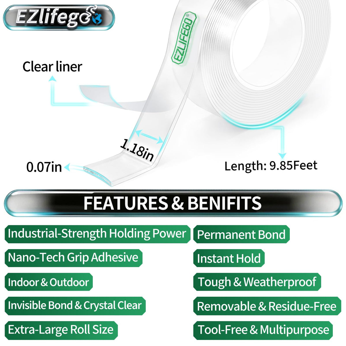 EZlifego Double Sided Tape Heavy Duty, Nano Double Sided Adhesive Tape, Clear Mounting Tape Picture Hanging Adhesive Strips (9.85FT)