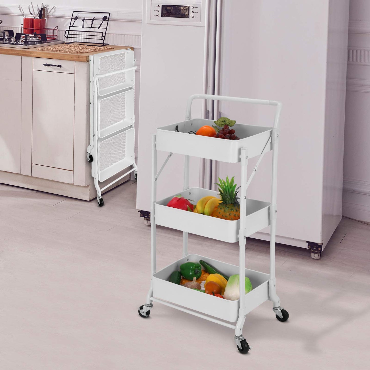 johgee Foldable 3 Tier Metal Utility Rolling Cart, Folding Mobile Multi-Function Storage Trolley Organizer Cart for Home Library Office(White)