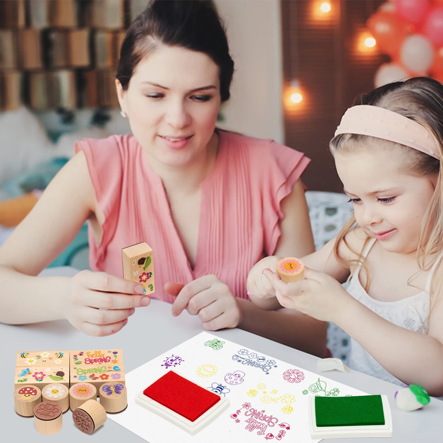 CUweipeng Spring Wooden Rubber Stamps - 30 Pcs Hello Spring DIY Craft Card Stamps Pads Animal Flower Rubber Ink Pads Set for Kids Birthday Gift Favor Classroom Card Scrapbooking Making Supplies