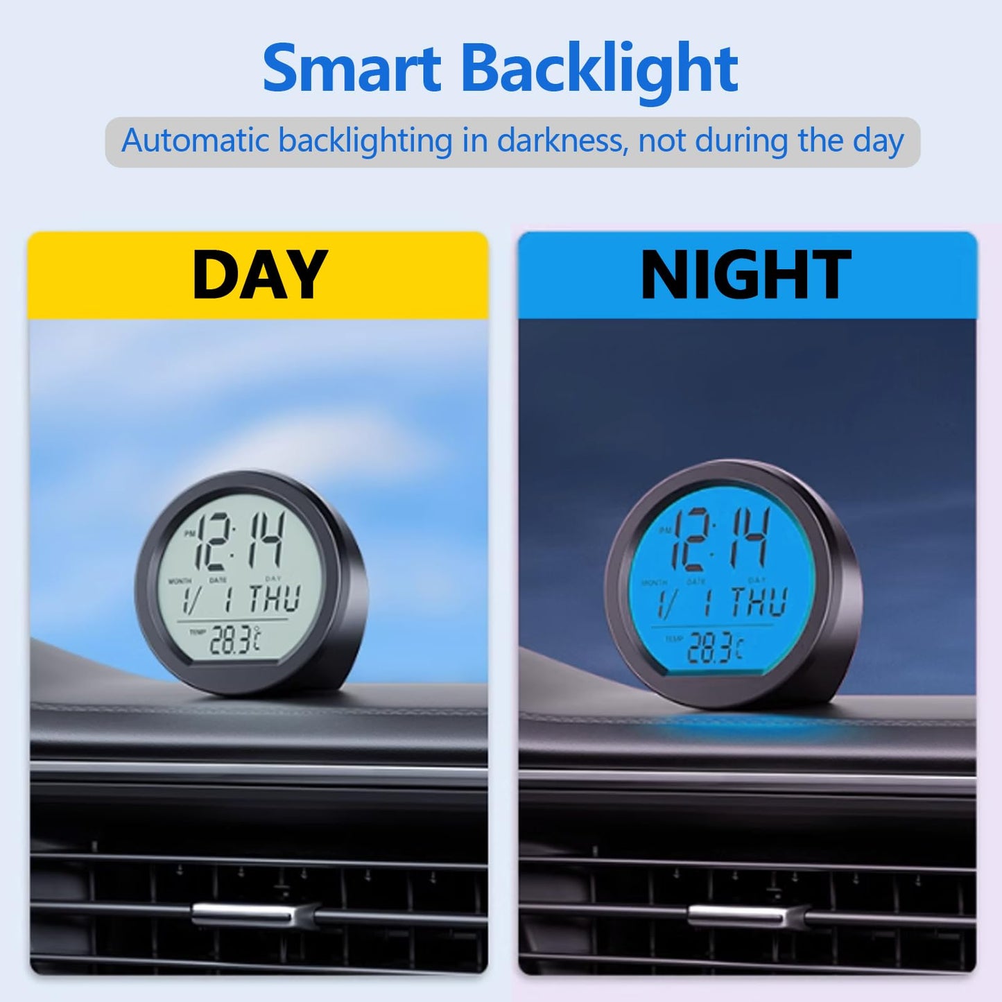 Timloon Car Dashboard Clock with Automatic Backlight at Night, Solar-Powered, Fahrenheit Temperature, 12/24 Hour Format Time, Calendar for Car Truck Office Home and Outdoor Camping (Includes Battery)