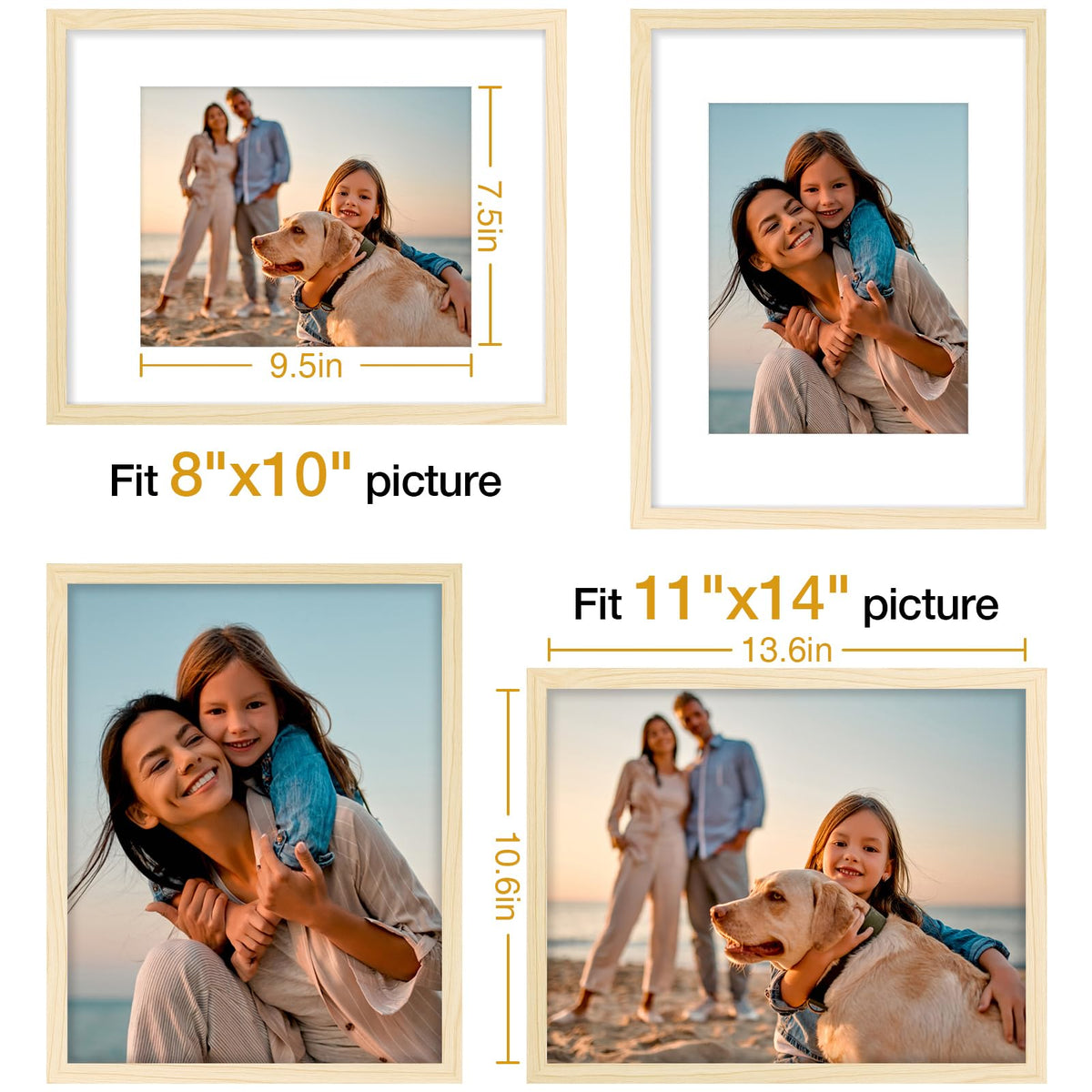 Vittanly 11x14 Picture Frame Set of 4, Display Pictures 8x10 with Mat or 11x14 without Mat, Engineered Wood with Shatter Resistant Plexiglass, Photo Frames for Wall or Tabletop Display, Natural Wood