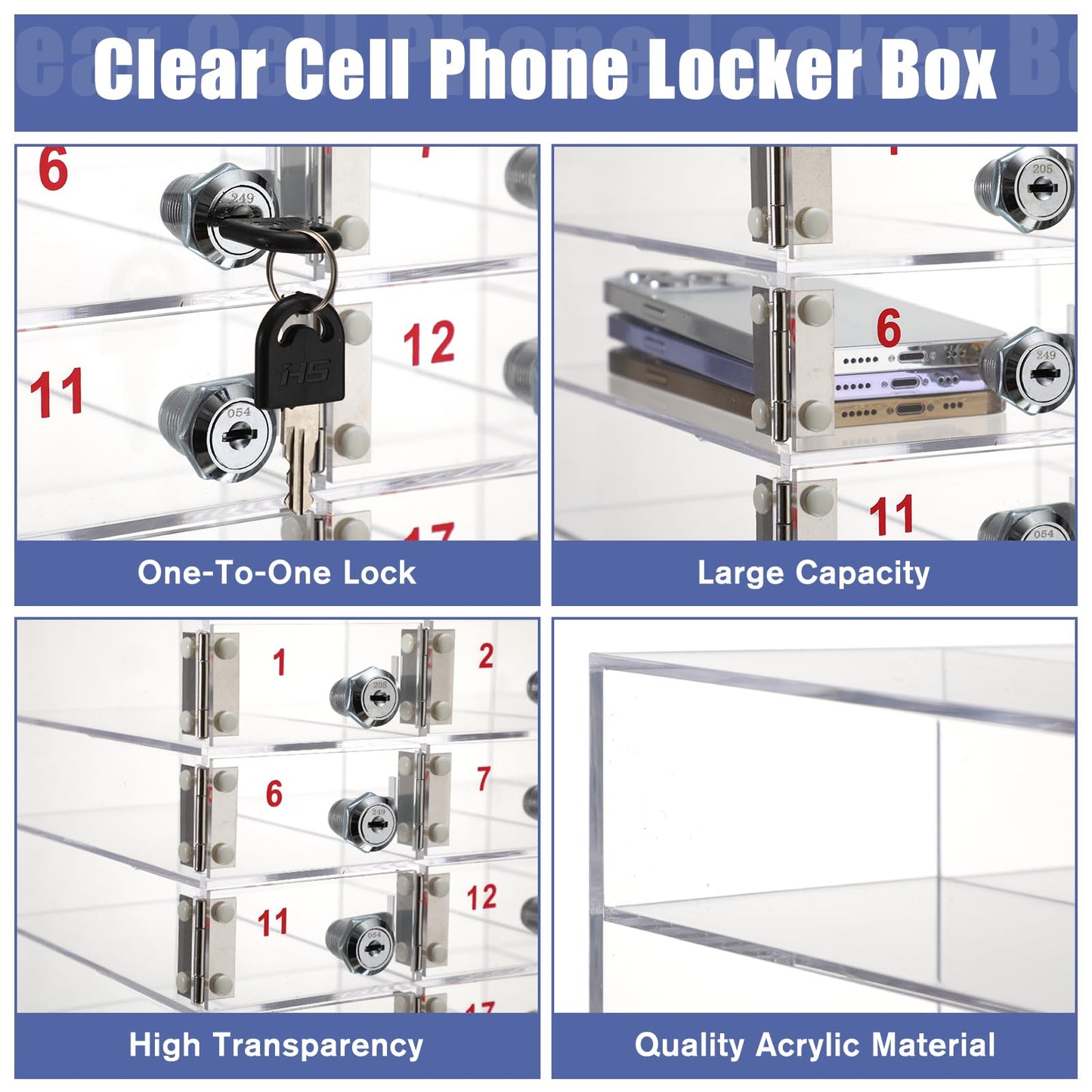 Layhit 30 Slots Cell Phone Locker Box for Classroom Clear Acrylic Cell Phone Storage Cabinet Bin with Door Locks for Classroom School Students Office Factory Employees