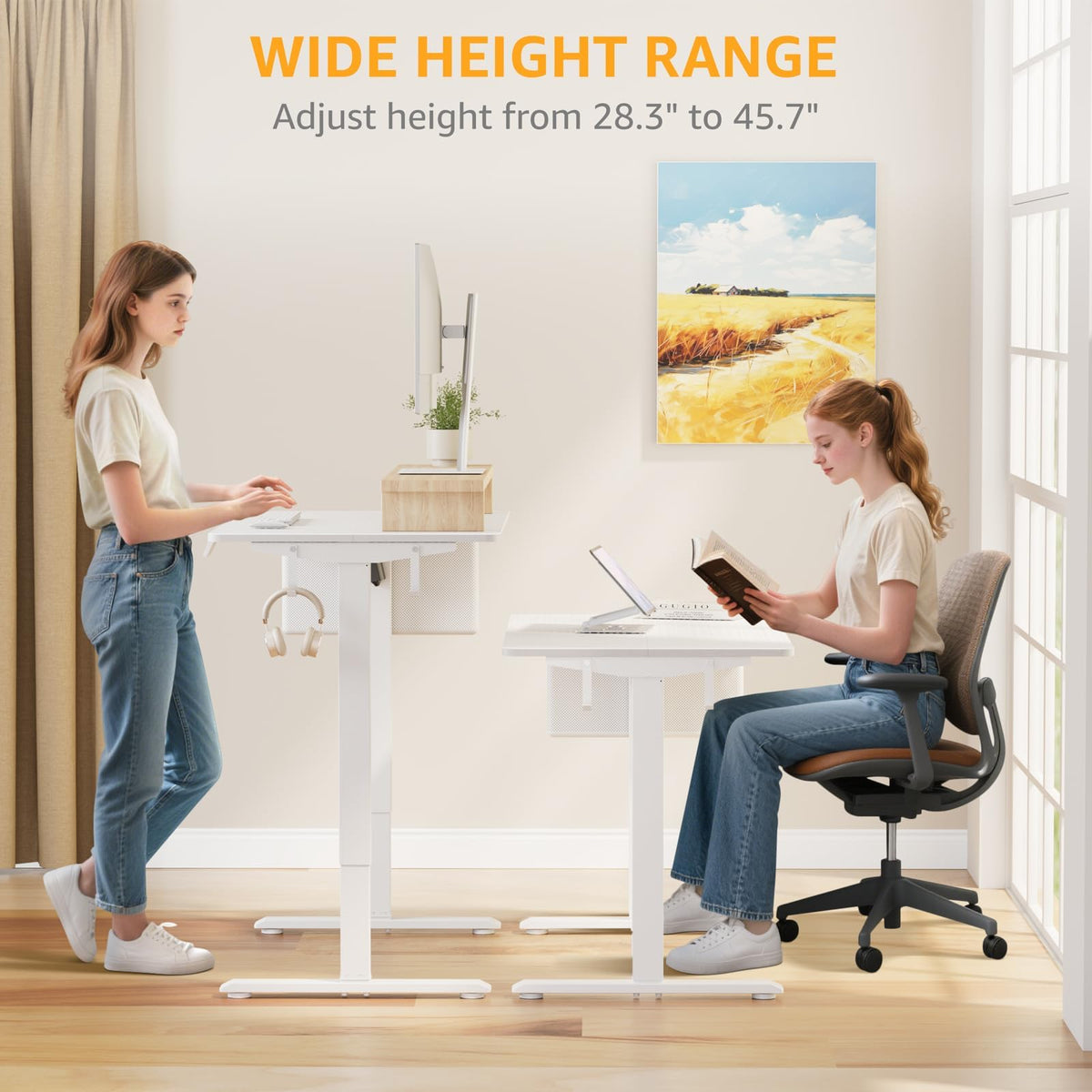 KLUVIS White Electric Standing Desk - 32 Inch Small Adjustable Height Stand up Desk for Writing Study Work, Mini Sit to Stand Desks Workstation for Small Space Adult Boys Girls Bedroom Home Office