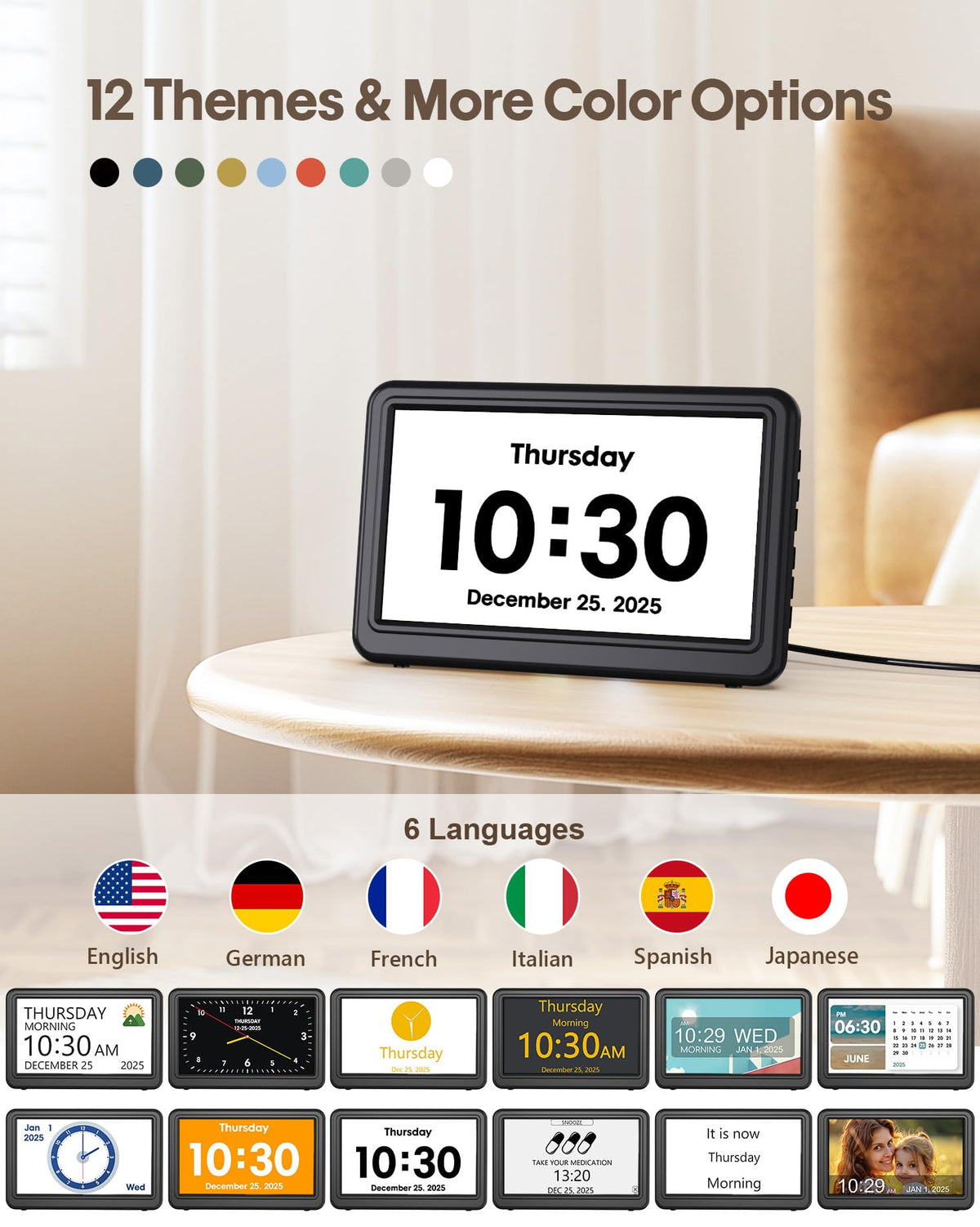 Clock with Day and Date for Elderly, 7" Large Display Digital Calendar Day Clock with 20 Custom Alarms and Medicine Reminders, Dimmable Dementia Alzheimers Clocks for Seniors, Black (Ac Powered)