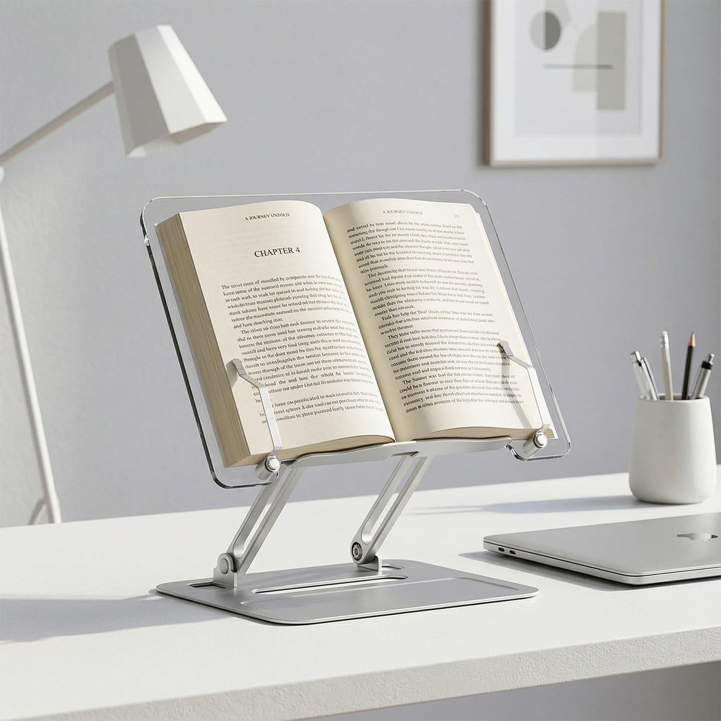 Premium Aesthetic Aluminum Acrylic Book Stand for Reading, Ergonomic Book Holders for Reading Hands Free, Portable Laptop Book Stand for Desk, Reading Stand for Textbook, Recipe, Music Sheets