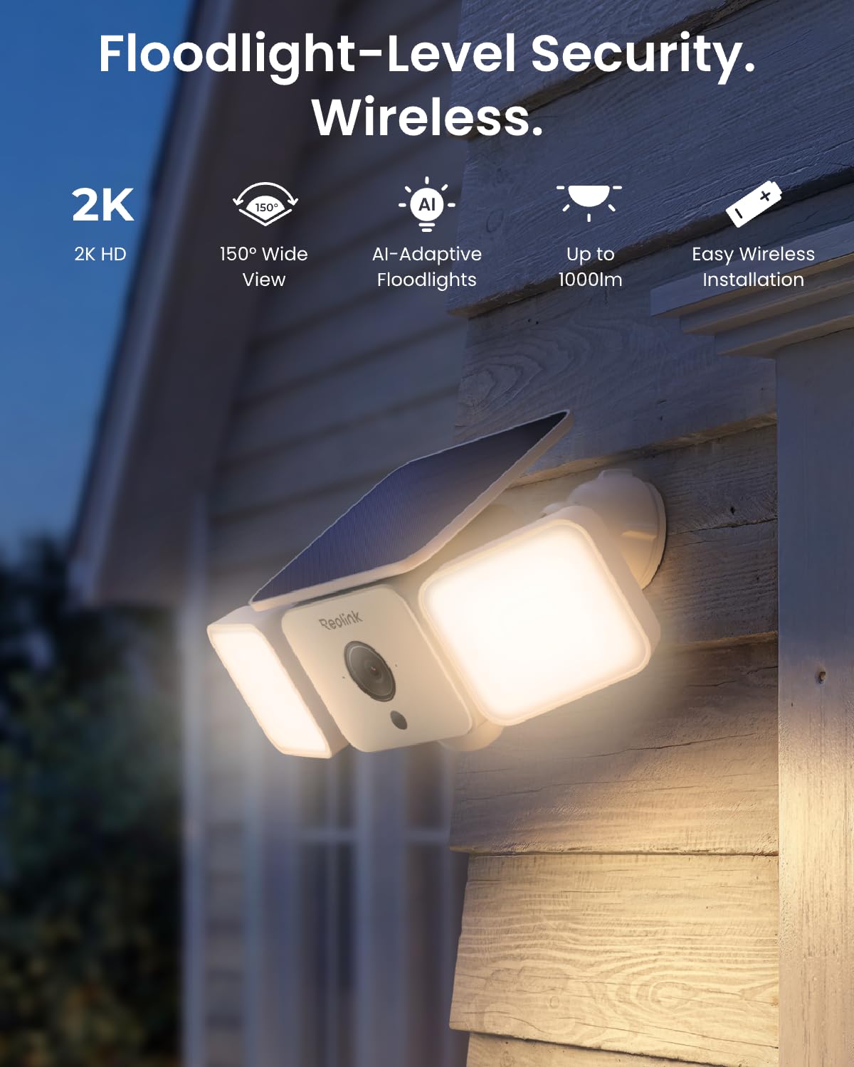 REOLINK Solar Floodlight Cam, 2K 150° Security Cameras Wireless Outdoor, Up to 1000lm Light & Siren Alarm, AI/PIR Motion-Activated Floodlight, Color Night Vision, WiFi 6 2.4/5GHz, IP66