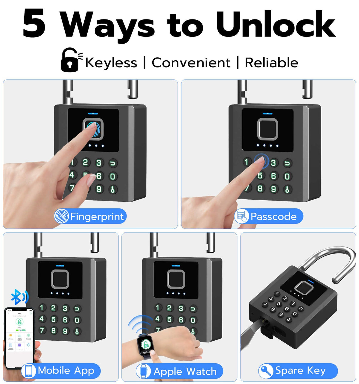 Anweller Heavy Duty Fingerprint Padlock with Key, Pad Lock with Code Keypad, Weatherproof Smart Bluetooth Electronic Digital Combination Lock for Gate Outdoor Fence Storage Unit Locker Shed Pool