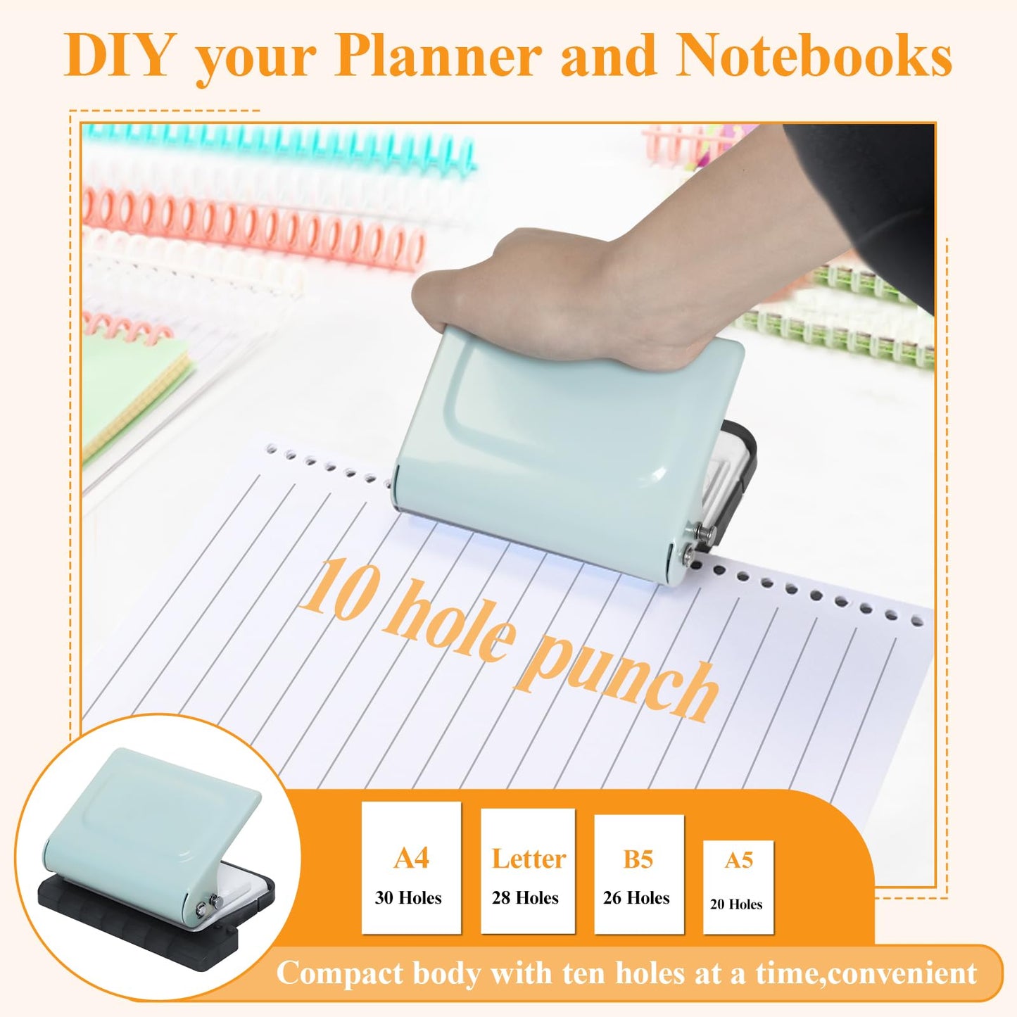 Hoqqf 10 Hole Punch Binding Machine for Planners with 10 Multi-Color Binder Rings, 30 Holes on A4, 20 Holes on A5, 26 Holes on B5, 10 Sheet Capacity (Pale Blue)