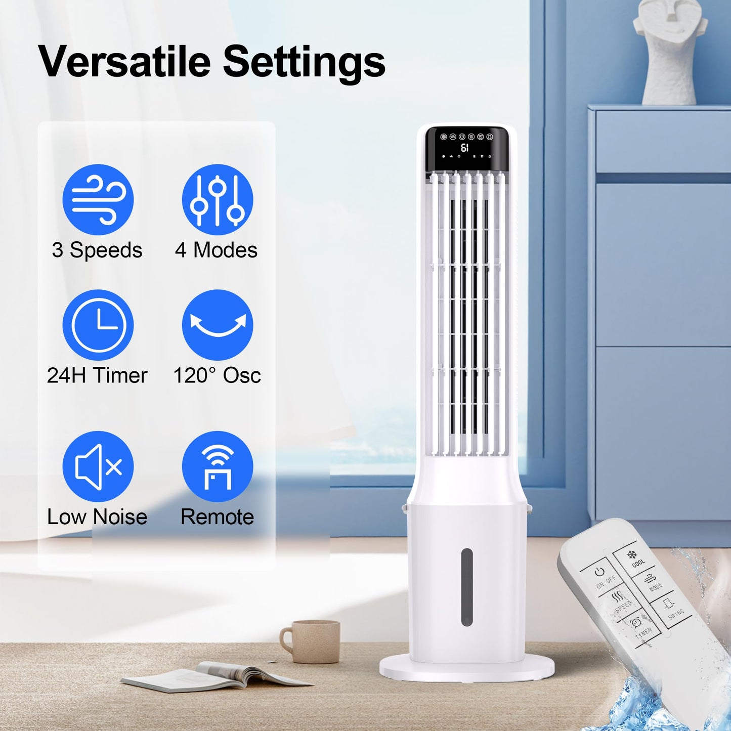 Uthfy 41" Portable Air Conditioners, 120° Oscillating Cooling Fans that Blow Cold Air with 24H Timer,4 Modes&3 Speeds,Dual Water Tank, 4 Ice Packs, Remote, Portable AC, 3 In 1 Swamp Cooler for Bedroom