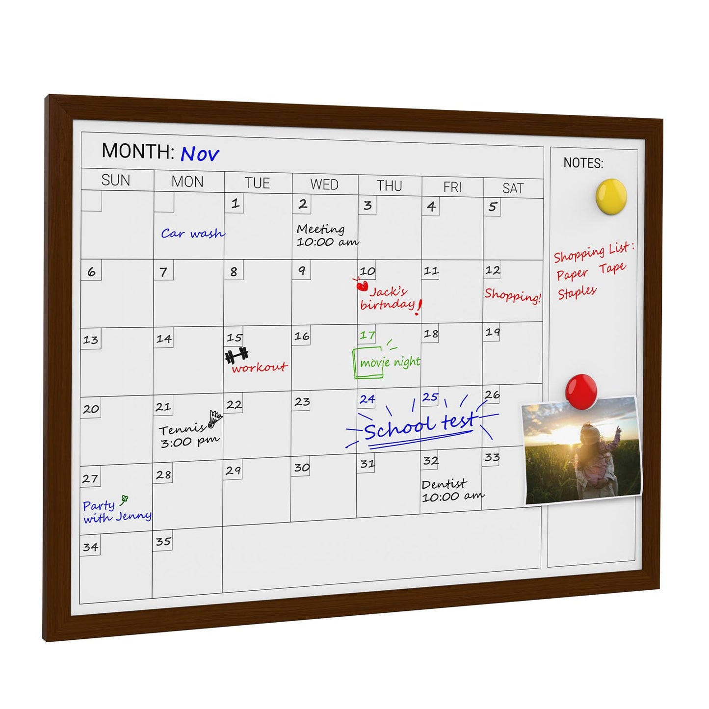 Comix Dry Erase Calendar Whiteboard for Wall, Magnetic Dry Erase White Board with Brown Wood Frame, 24 * 18 inches Decorative Planner Board for Office, Kitchen, School, Home