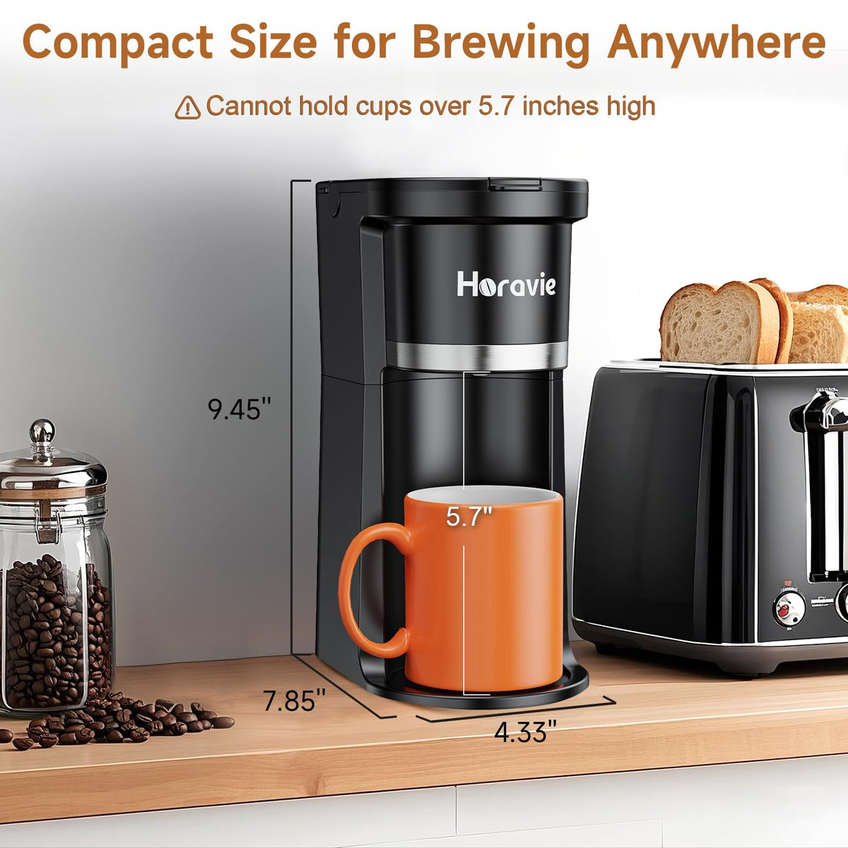 Horavie Small Single Serve Coffee Maker, Fast Brew One Cup Coffee Machine for K Cup and Grounds, 6 to 12 oz. Brew Sizes, Pod Coffee Maker with Descaling Reminder and Viewing Tank, Black