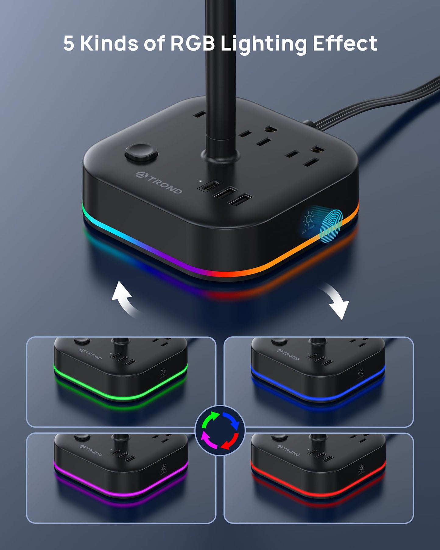 TROND Headphone Stand with USB C, Desk Gaming Headset Holder with 3 AC Outlets, 2 USB-A and 1 USB-C, Headset Stand with 5 RGB Light Modes, for Gaming Desk Accessories Gamer Boyfriend Gifts