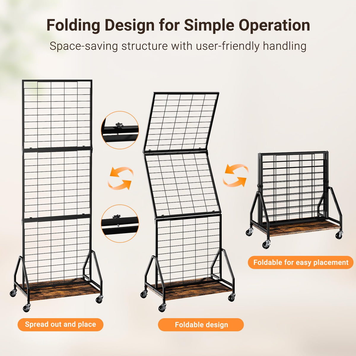 ELYKEN Foldable Grid Wall Panels 5.5' x 2' FT, Movable Wire Gridwall Display Rack with Wheels and Adjustable Foots, Retail Display Stand for Vendor with Storage (Rustic Brown)