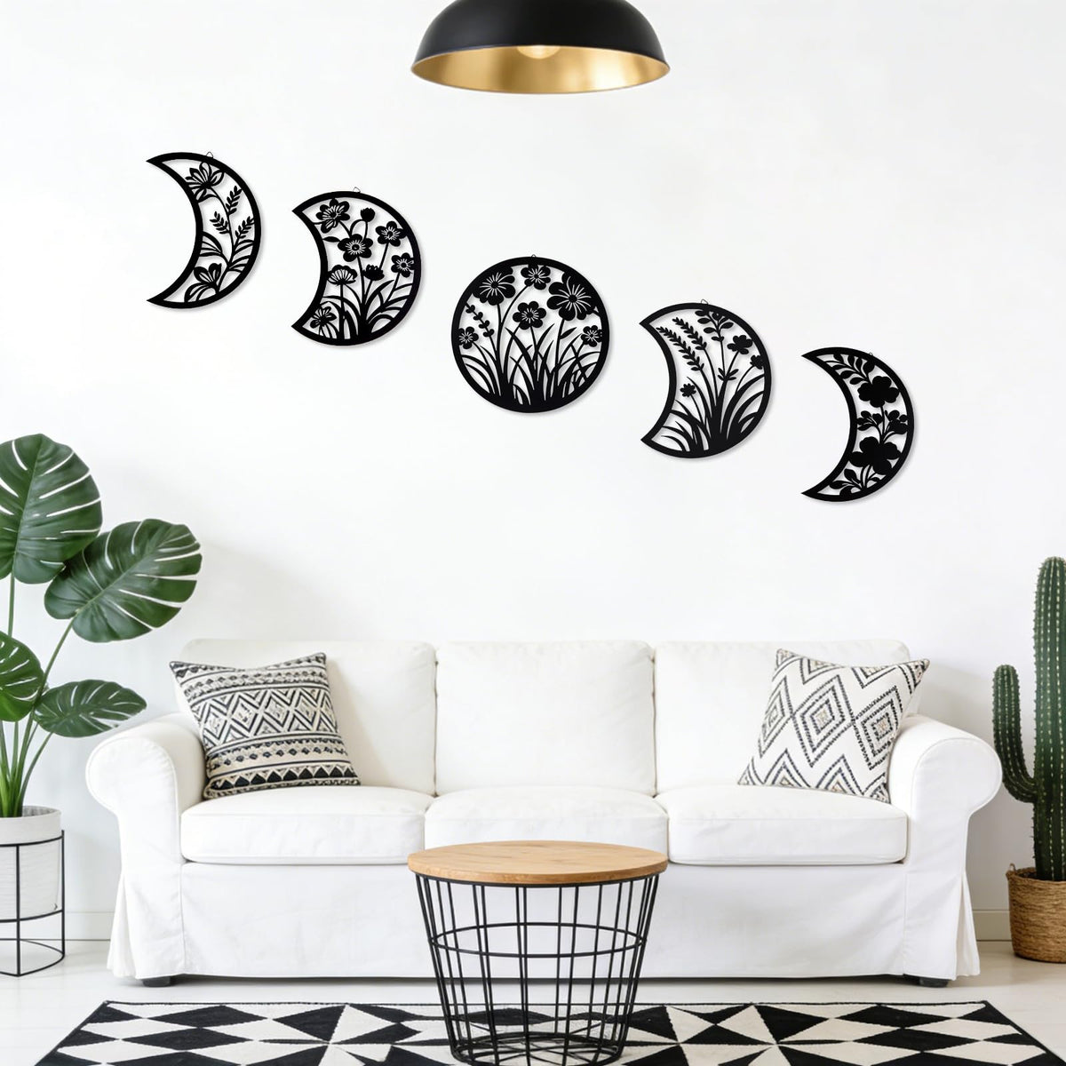 Larber 5PCS Black Metal Moon Phase Wall Hanging Decor 7.5–10 inch Moon Phase Wall Art with Floral & Herb Silhouettes Boho Lunar Aesthetic Art for Bedroom Gift Bathroom Restaurant Wall